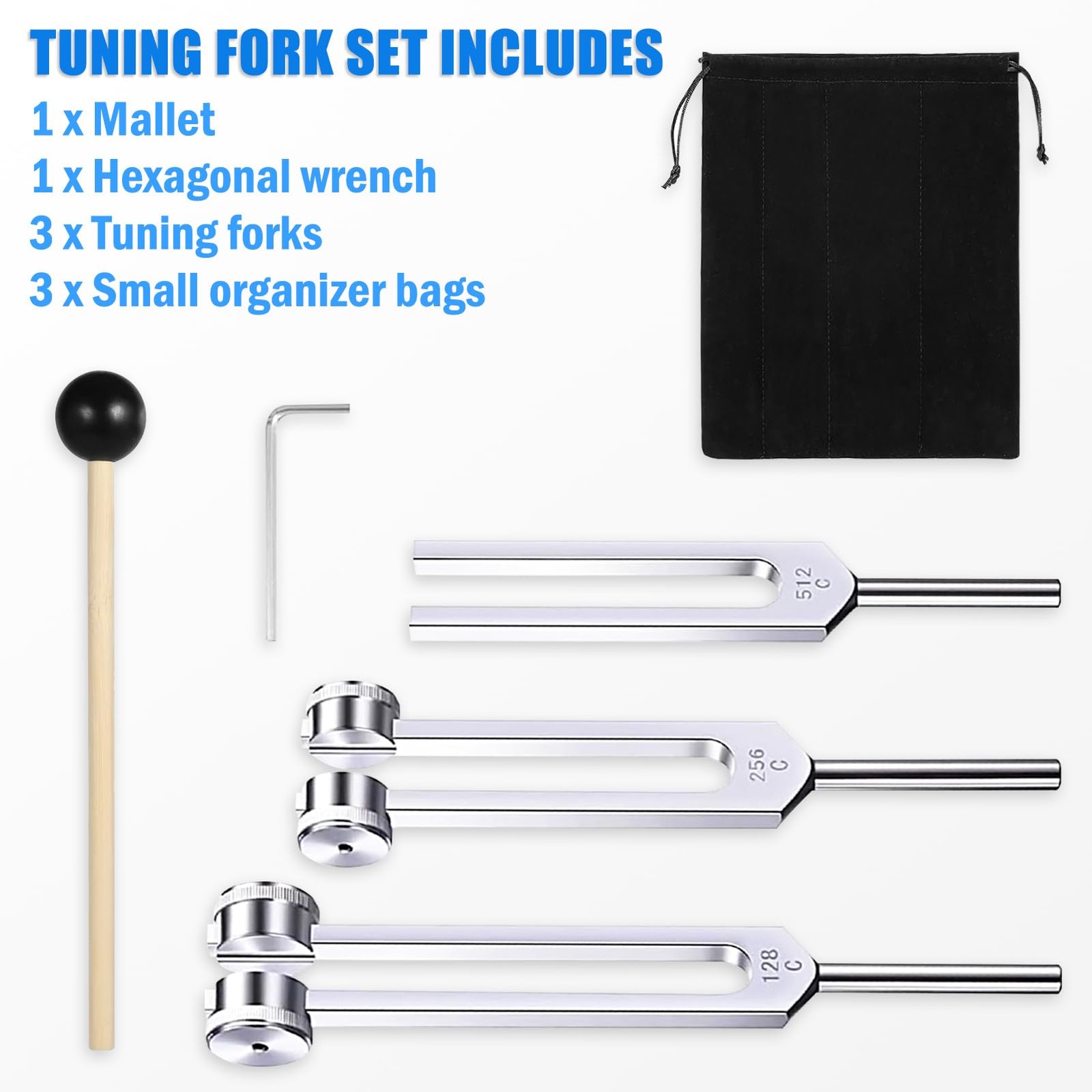 Tuning Fork Set (128Hz, 256Hz, 512Hz) of 3, Weighted & Unweighted Aluminum Fo...