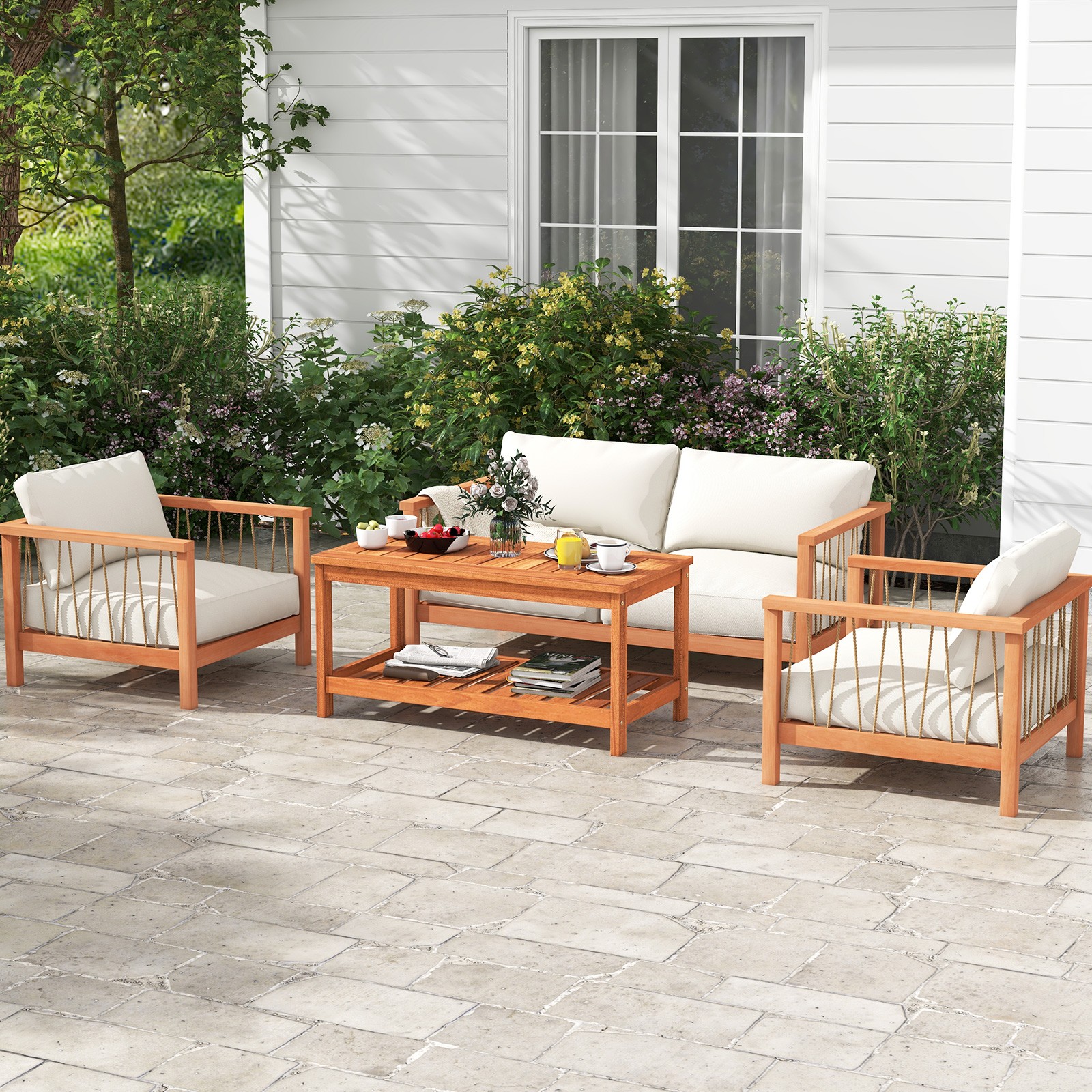 2-Tier Outdoor Side Rectangle Side Table Patio Coffee Table Solid Wood Porch