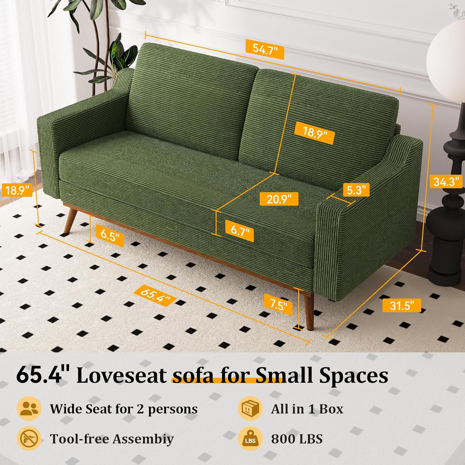 Vipbear 65.4" Loveseat Sofa Green Corduroy Couch, Mid-Century Modern Small Couch