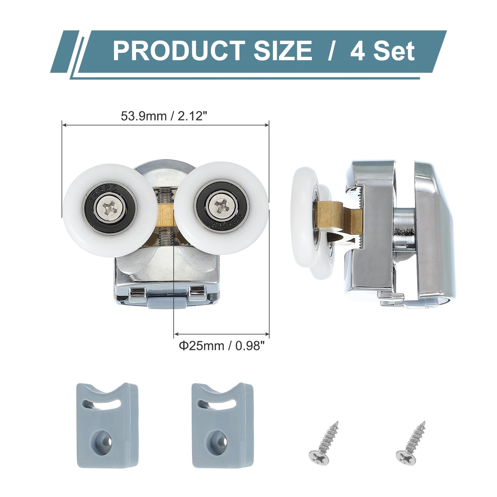 4Pcs 25mm Double Shower Door Rollers Copper Top Wheels Pulleys Guide Silver