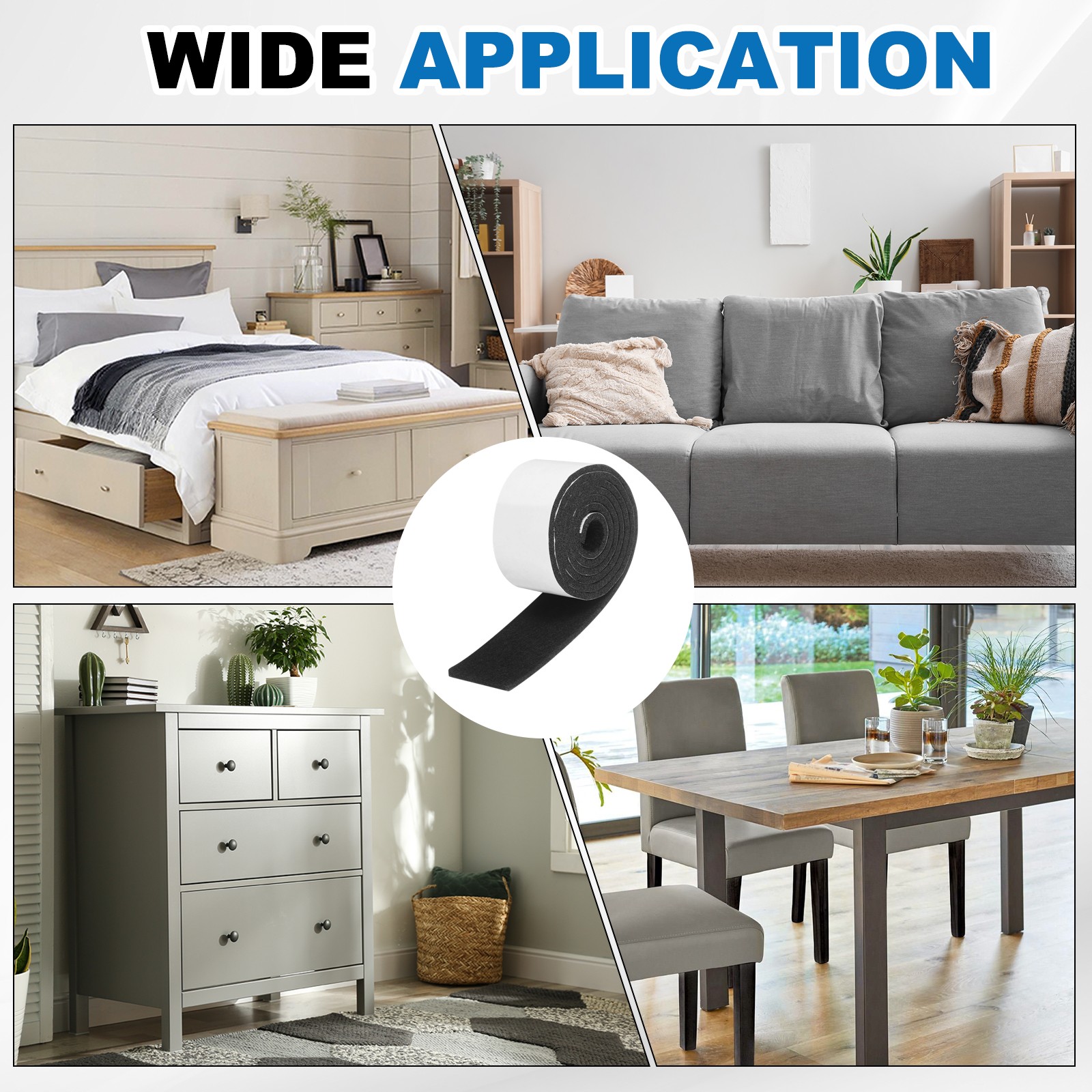 2 Roll Felt Furniture Pads 39"x1.6"x0.12" Non-Slip Floor Protectors Black