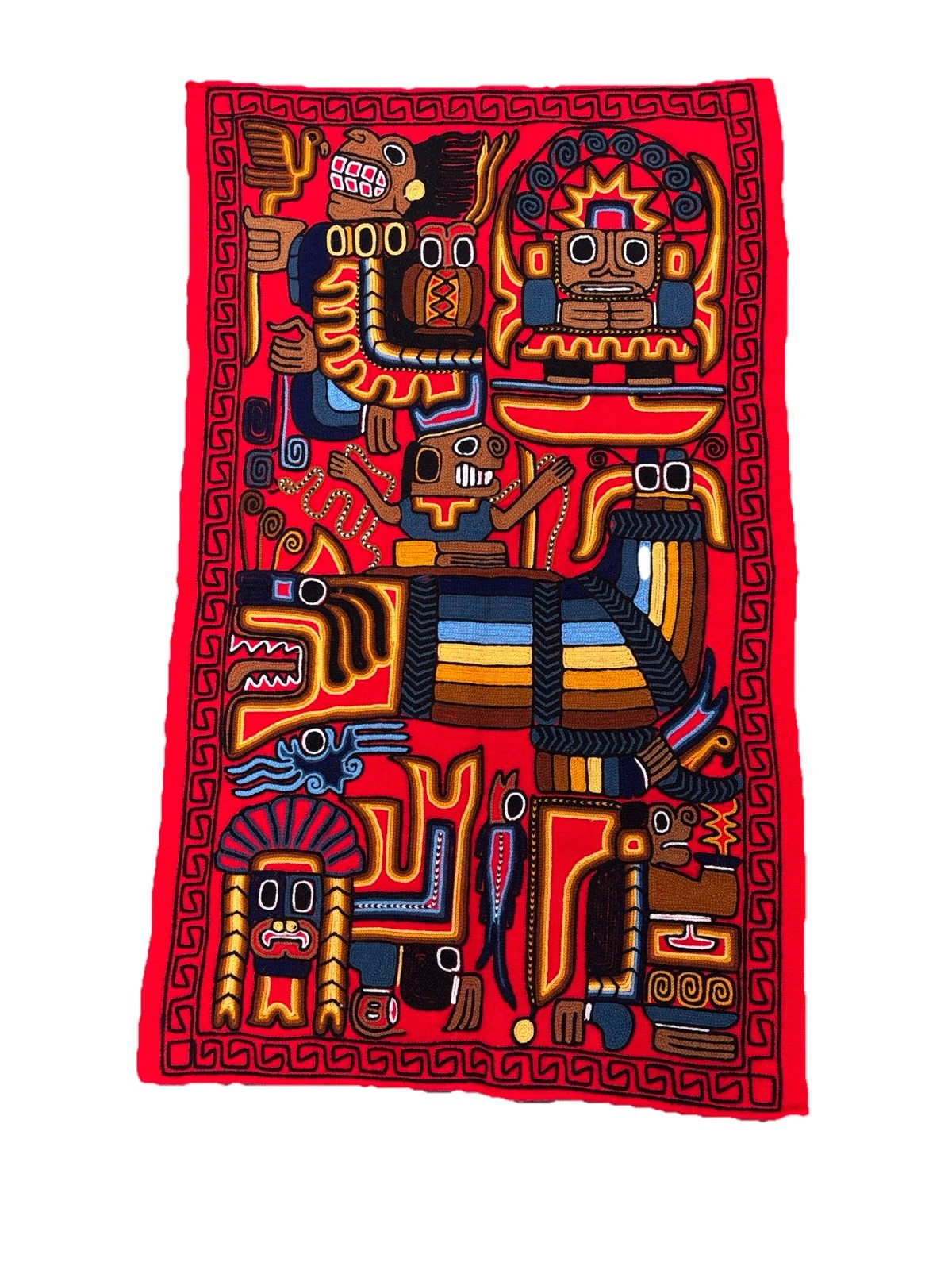 Vibrant Traditional Hand Embroidered  Painting Tapestry Moche Culture Peru  /j