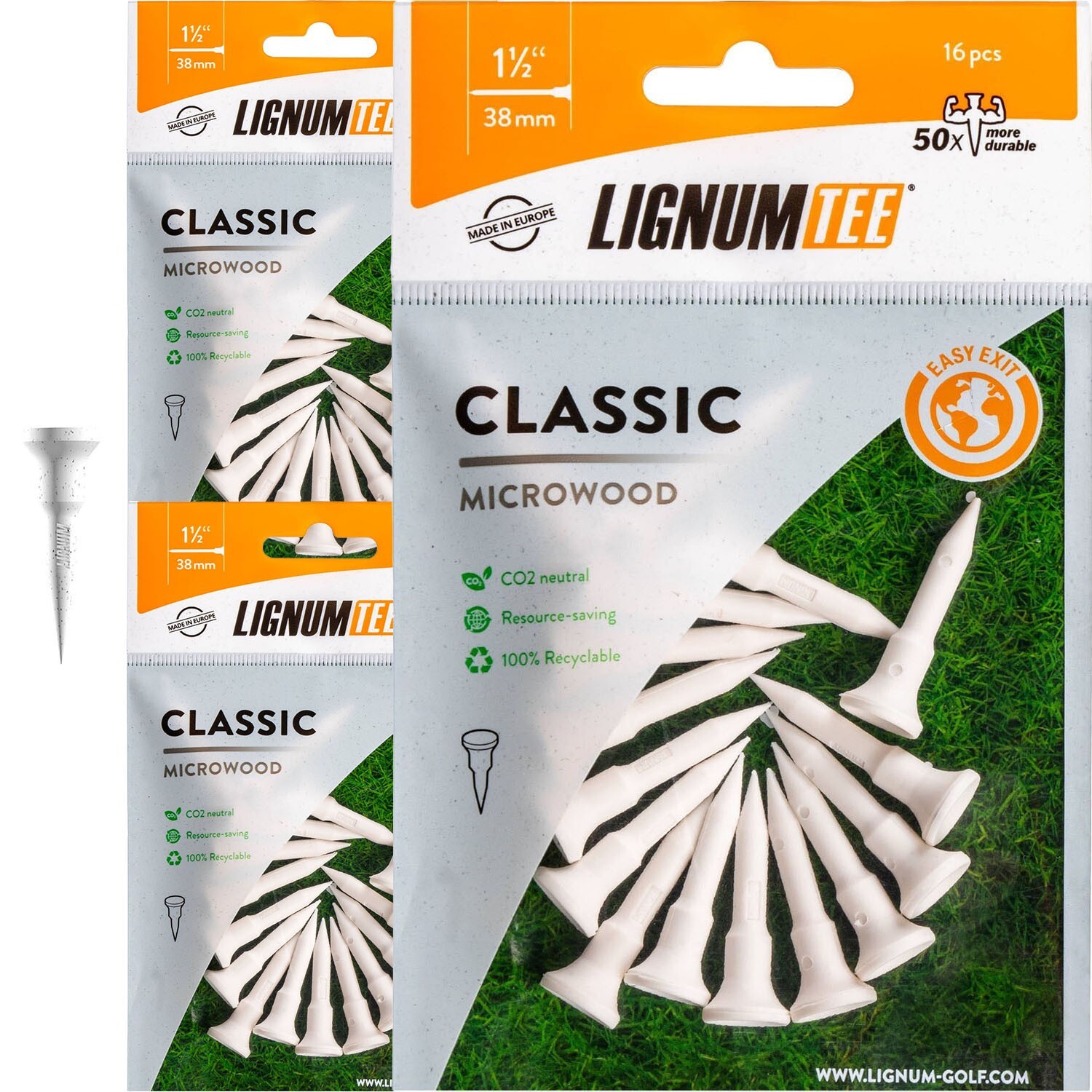 LIGNUM Premium Golf Tees, Lasts 50+ Rounds, Anti-Spin Head, Ring System - 3 Pack