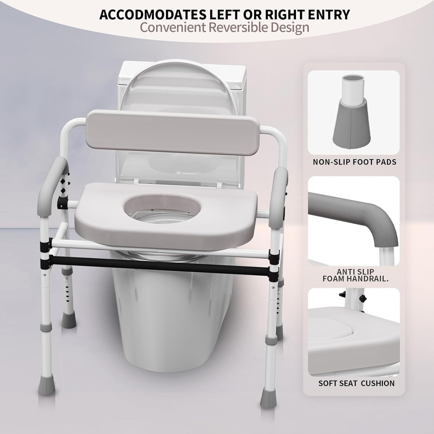 Adjustable Medical Bedside Commode Chair with Padded Backrest, Drop Arm Support