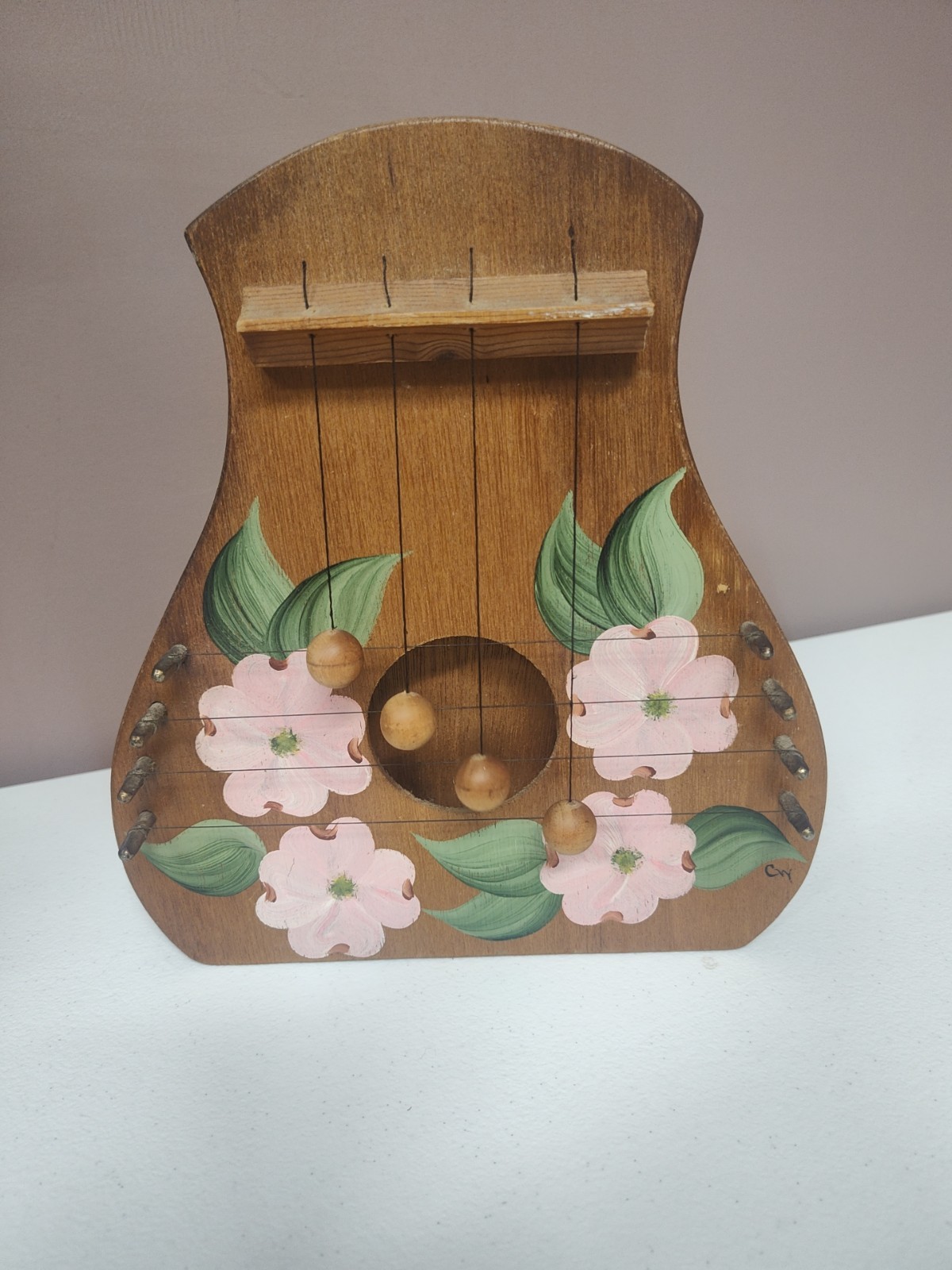 Vtg 1980s Home Grown Woods Pink Dogwood String Art Instrument Handmade USA Decor