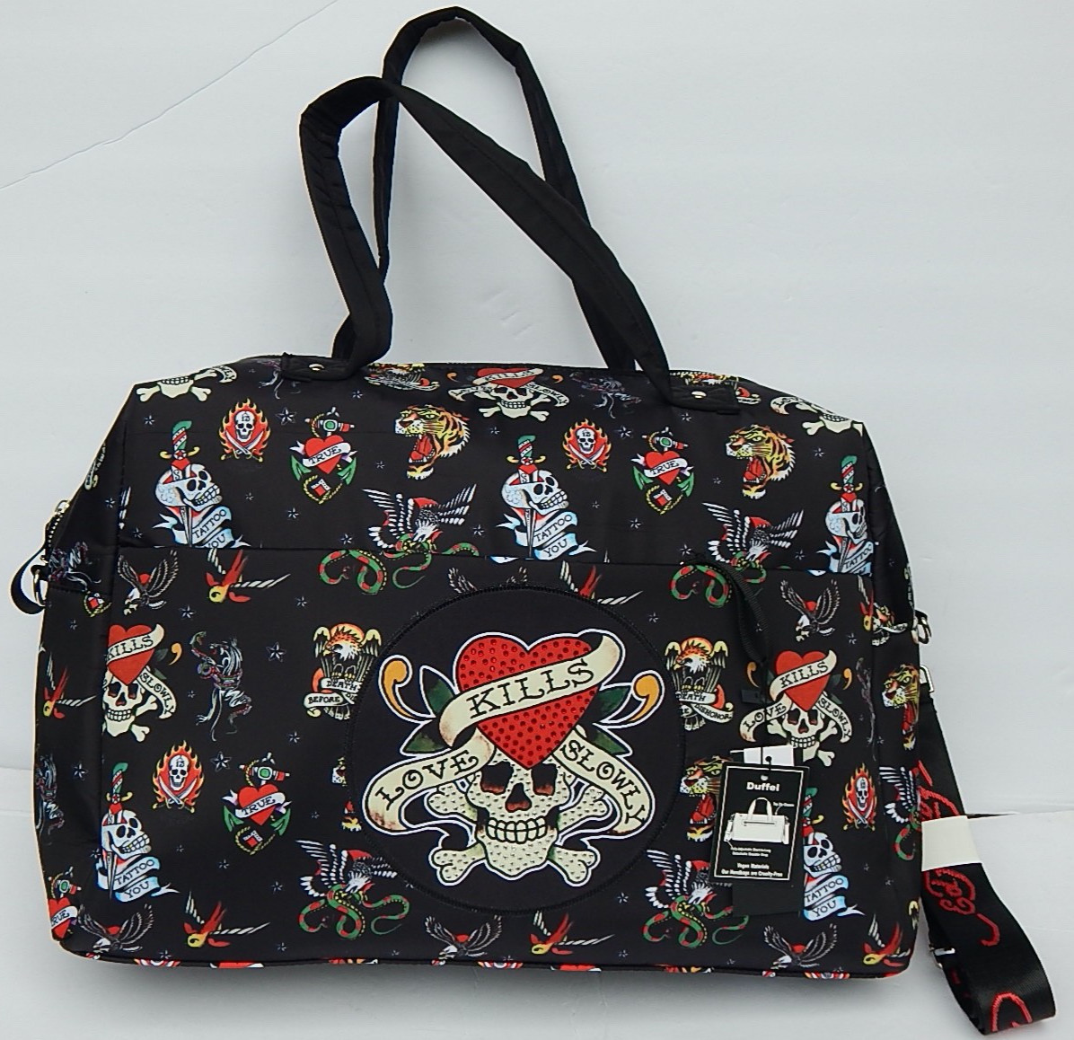 ED HARDY LOVE KILLS SLOWLY Unisex Large DUFFEL Travel Bag Black NEW AUTHENTIC