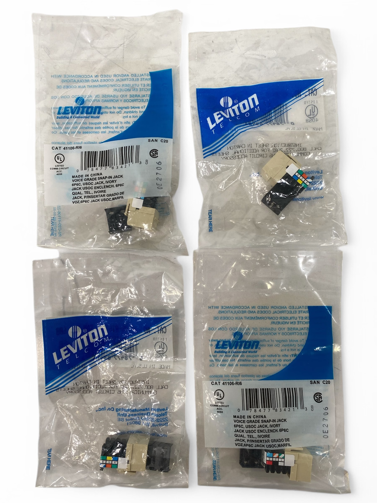 Leviton 41106-RI6 Voice Grade 6P6C Quickport Snap-In Jack - Ivory **Lot of 4**