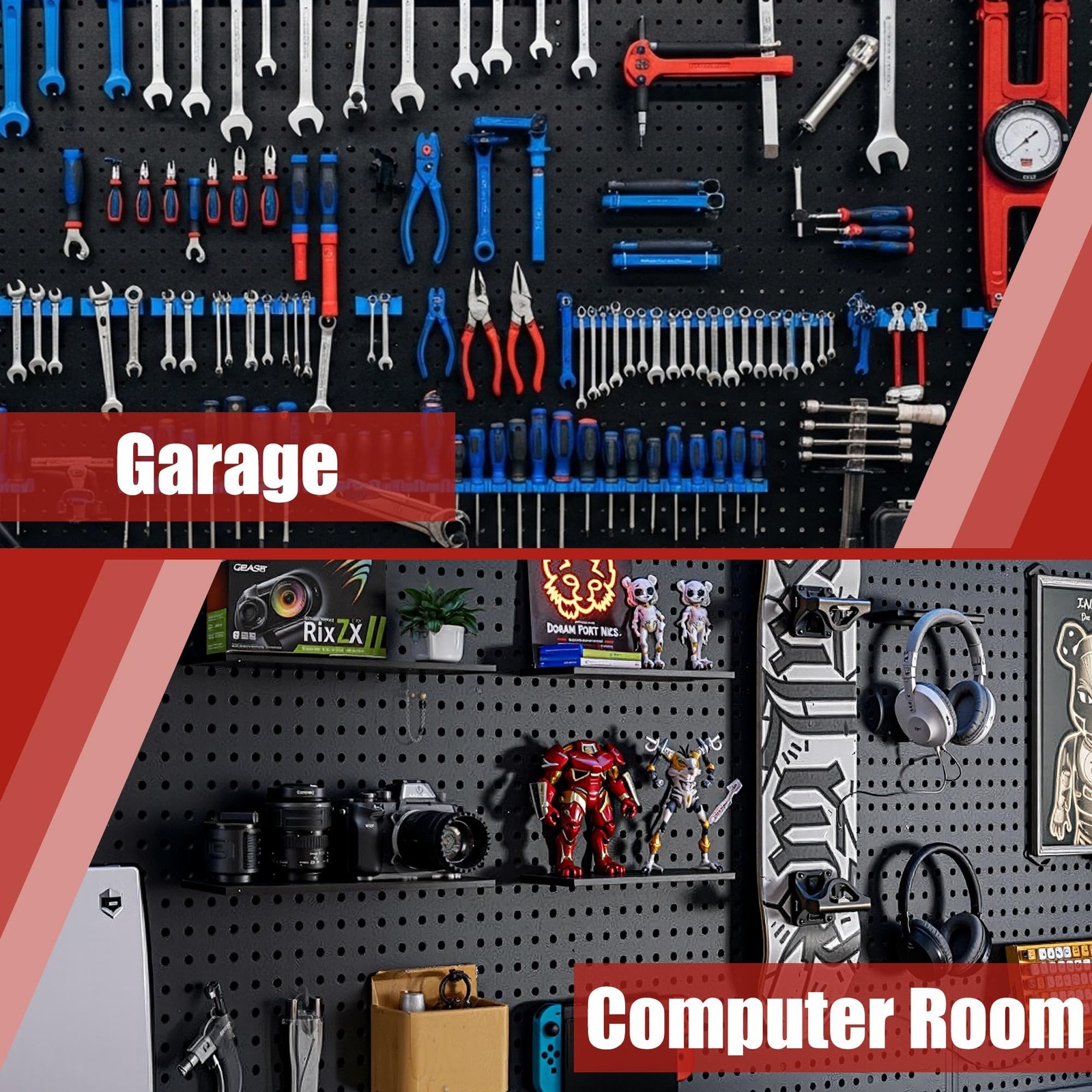 4 Pack Metal Pegboard Panels with 50 Hooks, Black Pegboard Wall Organizer, Pe...