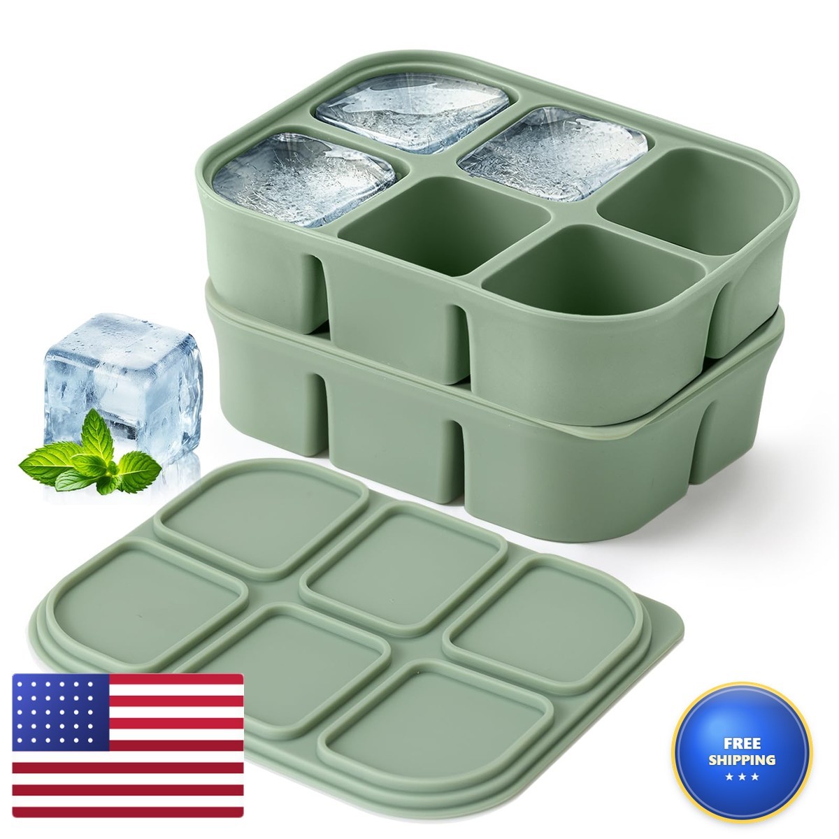 Tvmania Ice Cube Tray 2 Pack Large Silicone Square Ice Maker Removable Lid