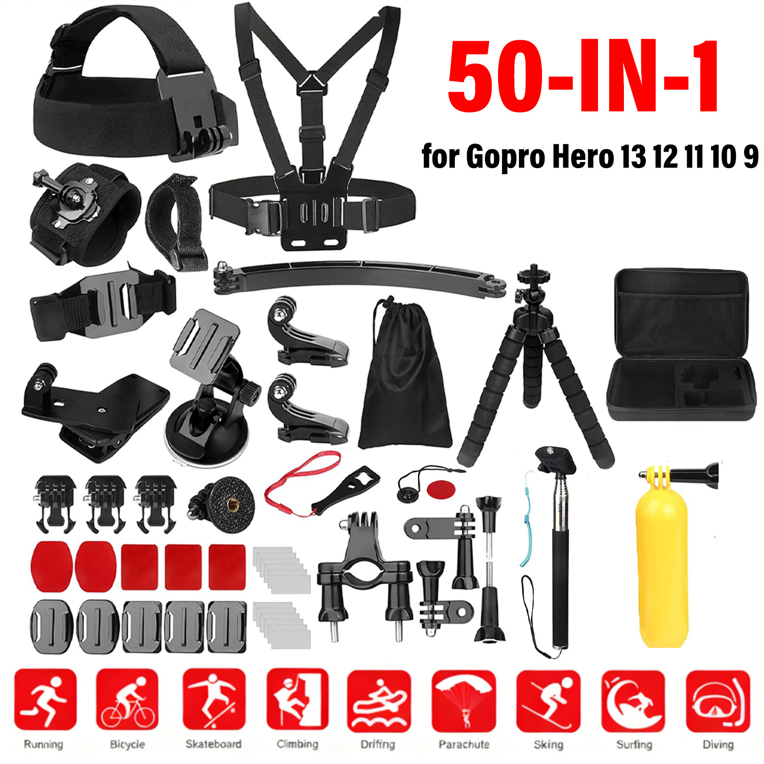 50 in 1 Action Camera Accessories Kit for GoPro Hero 12 11 10 9 DJI OSMO Action