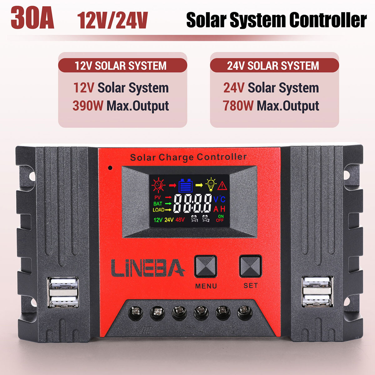 30A 12V/24V AUTO PWM Solar Charge Controller Solar Panel RV Battery PV Regulator