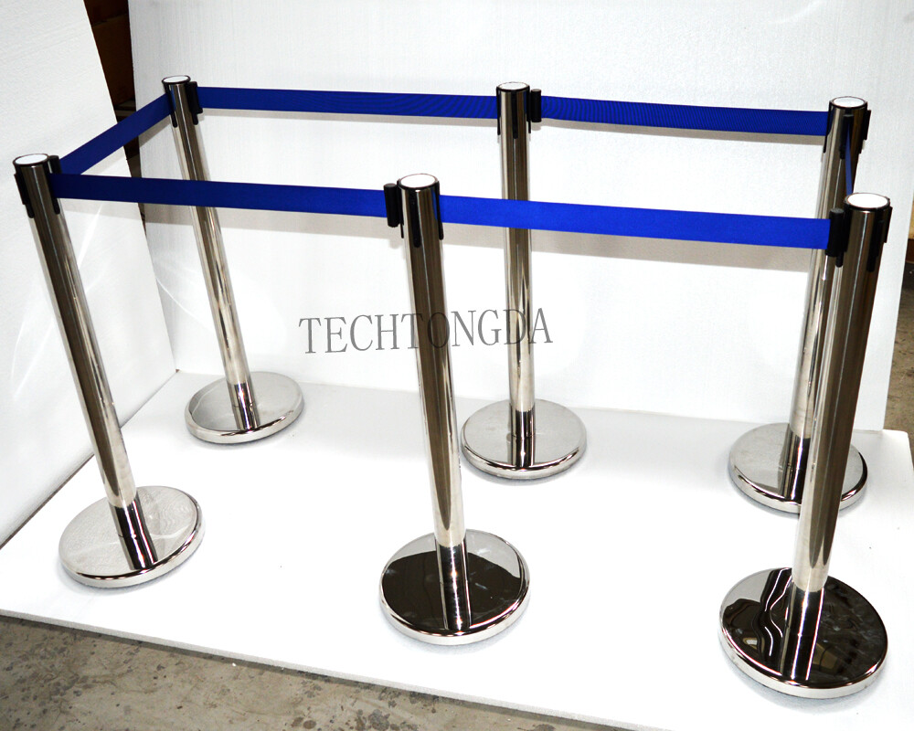 6PCS Stanchion Posts Queue Pole Retractable Blue Belt Crowd Control Barrier