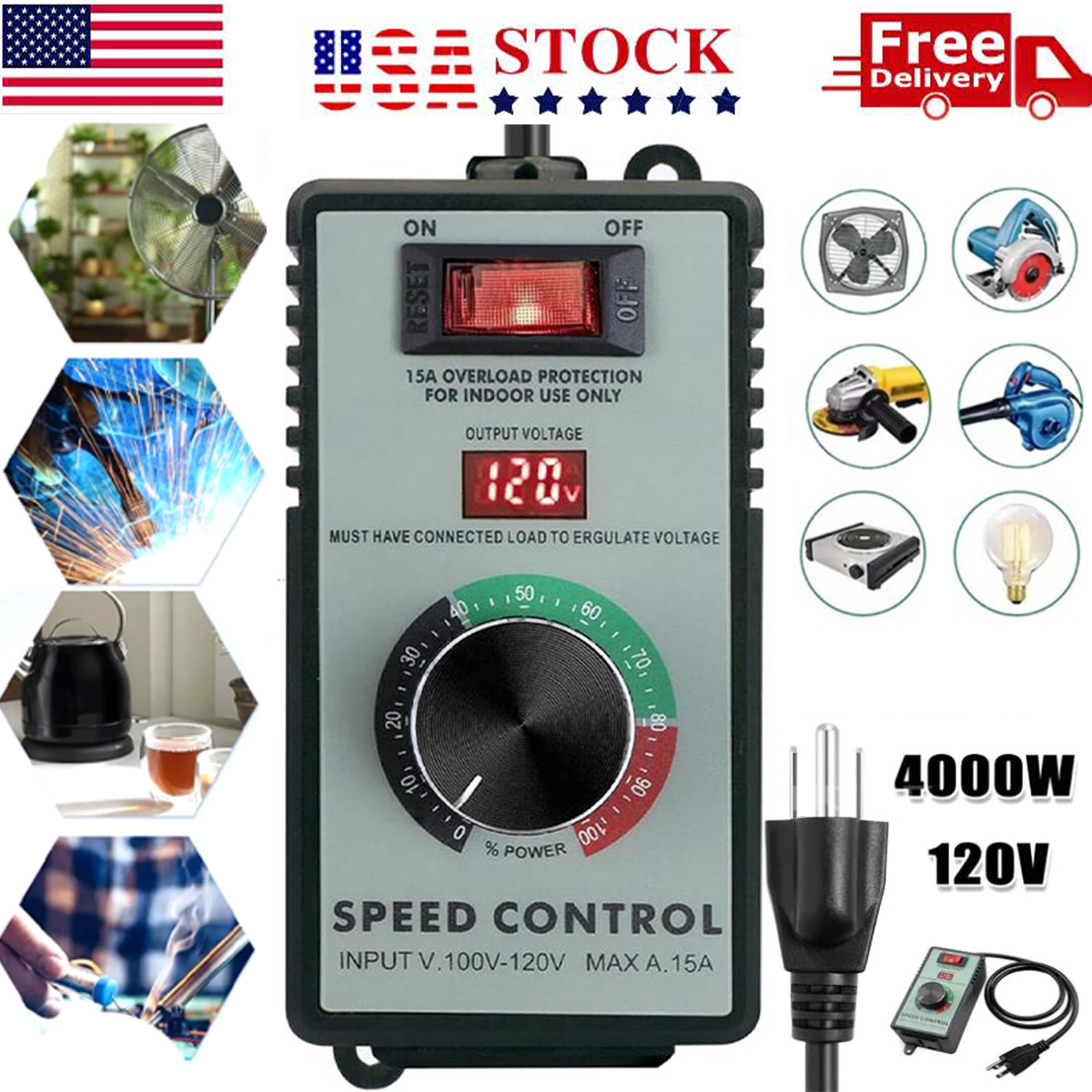 Variable Speed Controller for Router Fan Electric Motor Rheostat 120V Adjuster