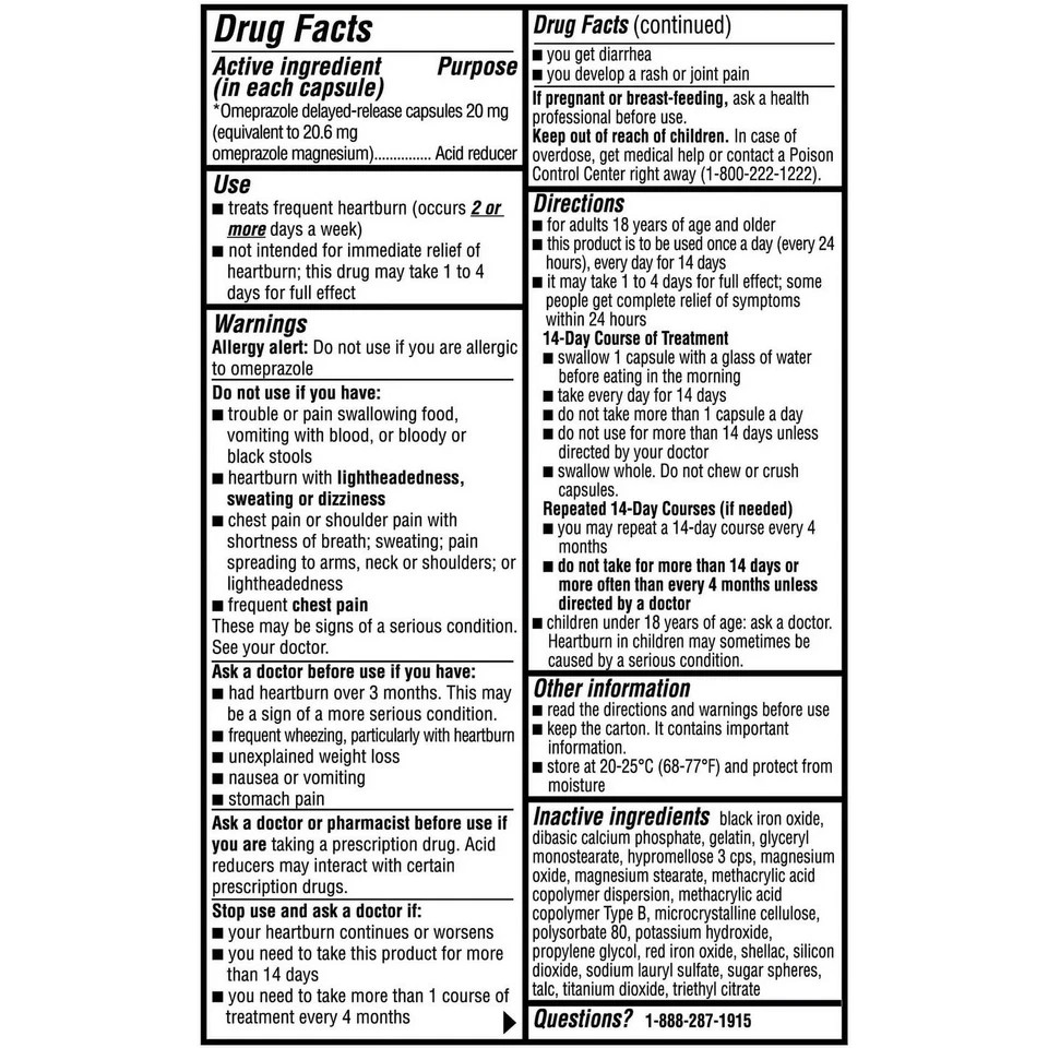 Equate Omeprazole Delayed-Release Acid Reducer Capsules, 20 mg, 42 Count