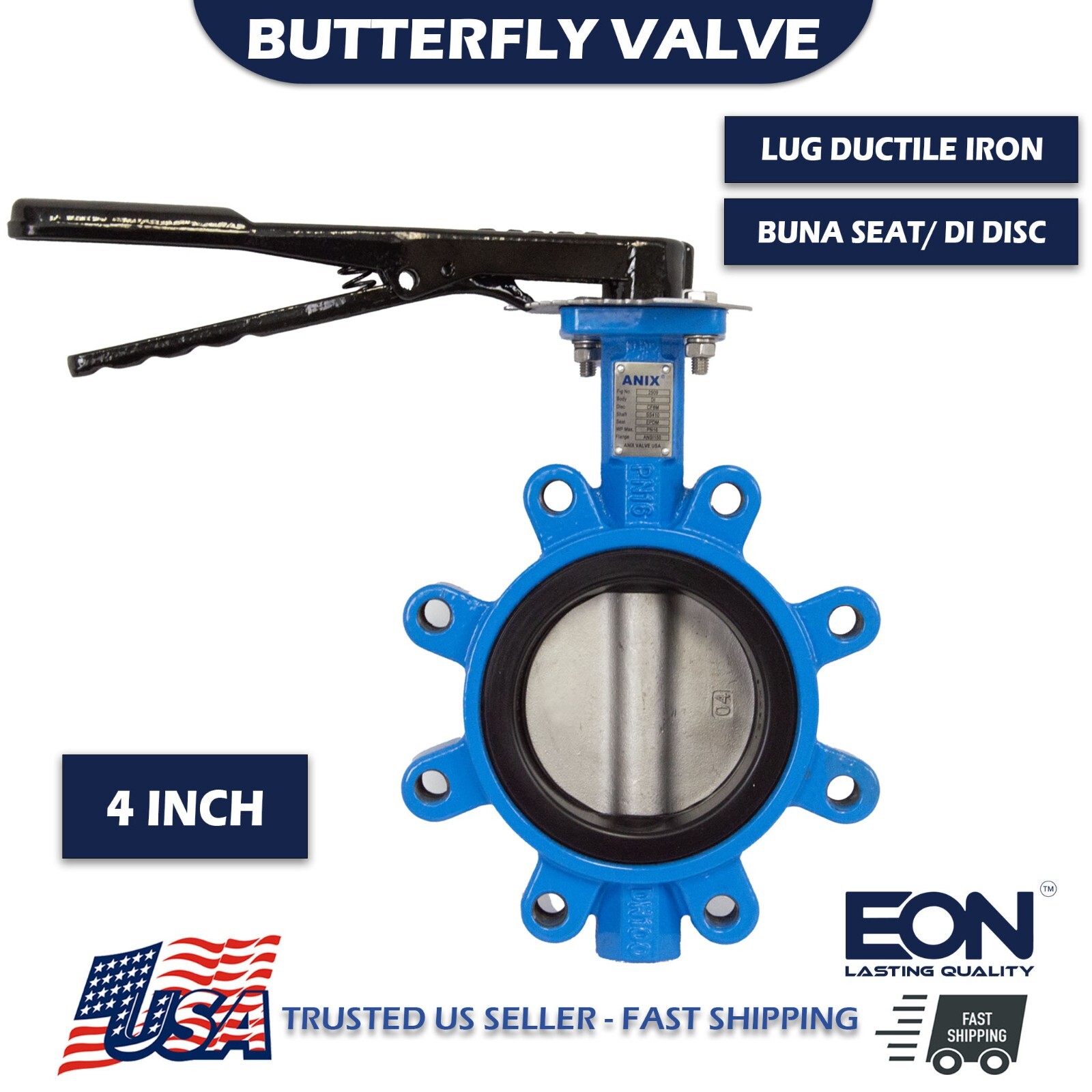 4" Lug Butterfly Valve 200PSI Ductile Iron Body BUNA Seat, Nickel Plated DI Disc