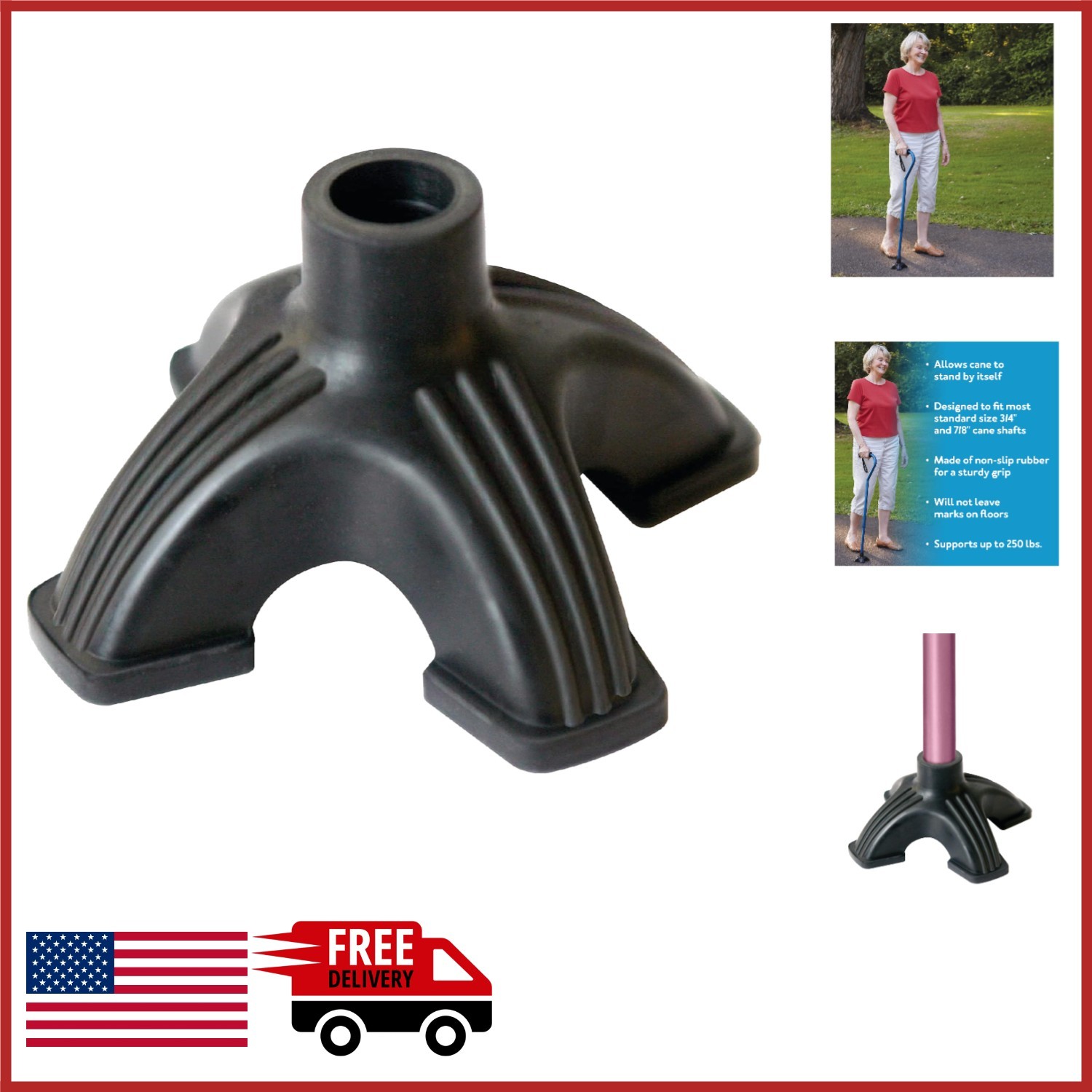 Rubber Cane Tip with Four Pronged Base for Stability and Balance Black