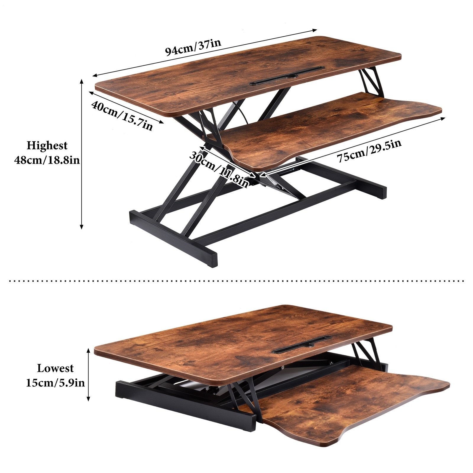 37" Standing Desk Riser Keyboard Tray Stand Up Desk Converter Rustic