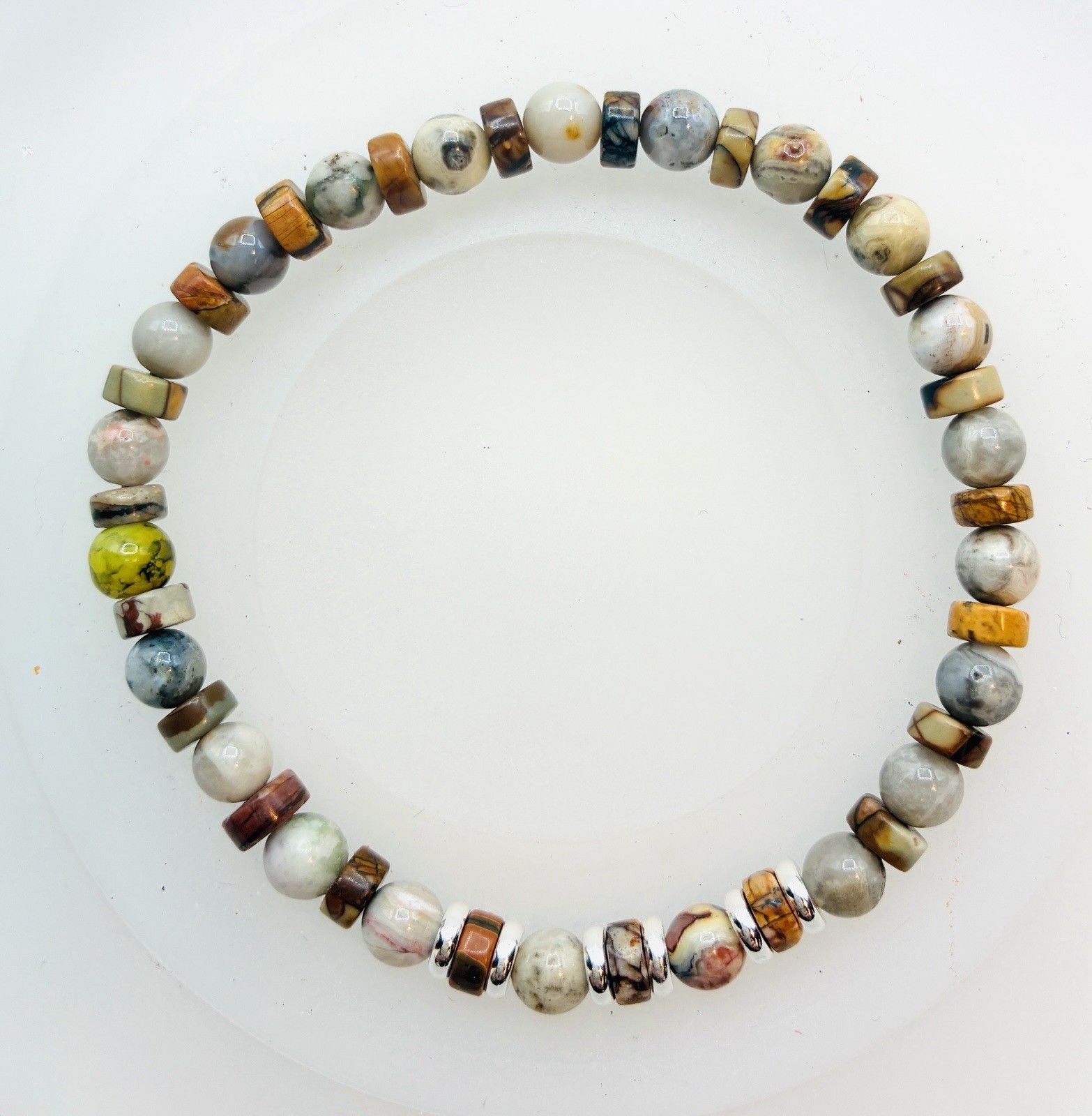 Bracelet Stretchy Brazilian Agate Red Creek Jasper & Silver Beads 7.5”L