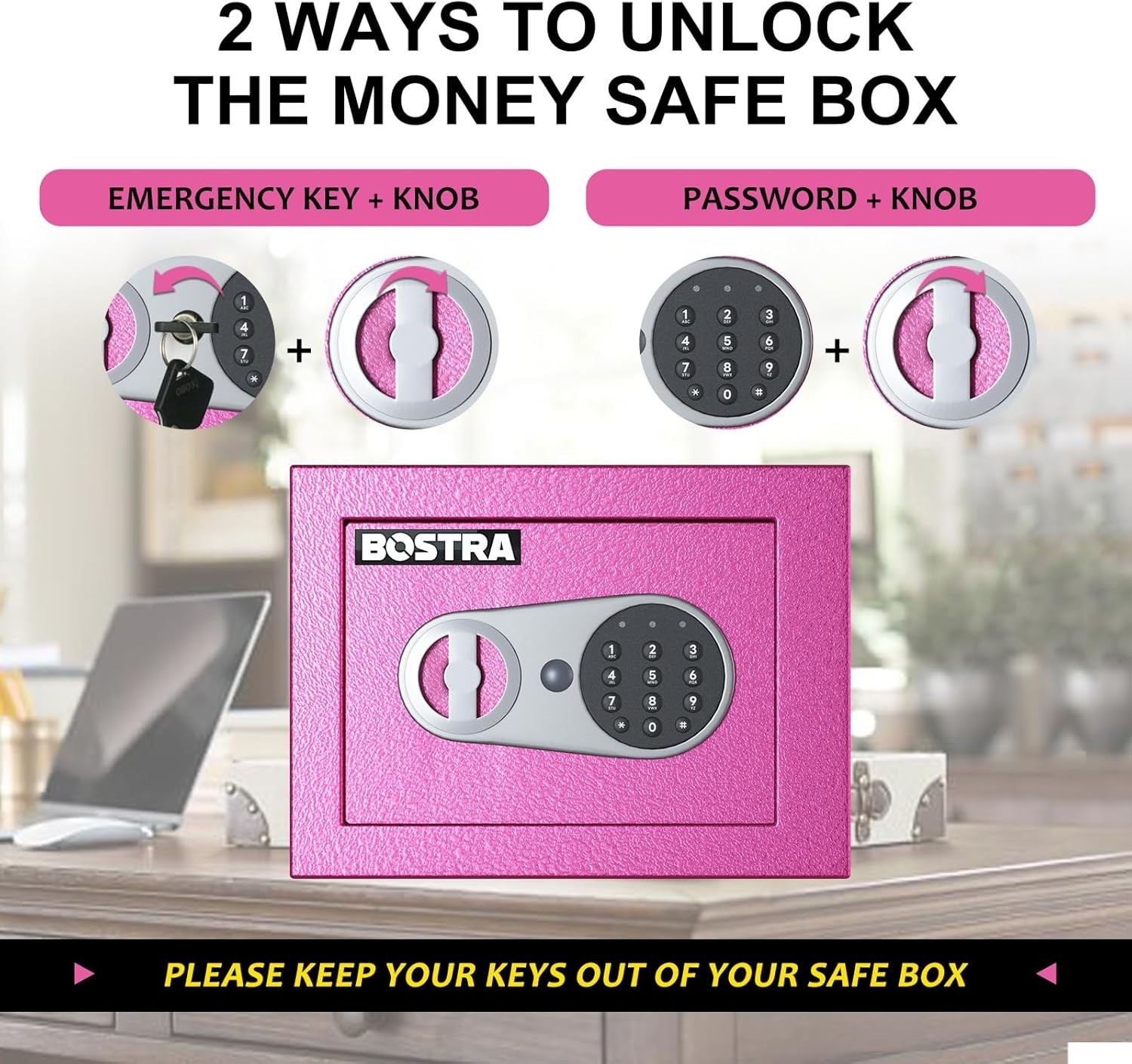 Bostra Fireproof Safe Box w/Sensor Light, Keys, Digital Keypad Pass Code, Pink