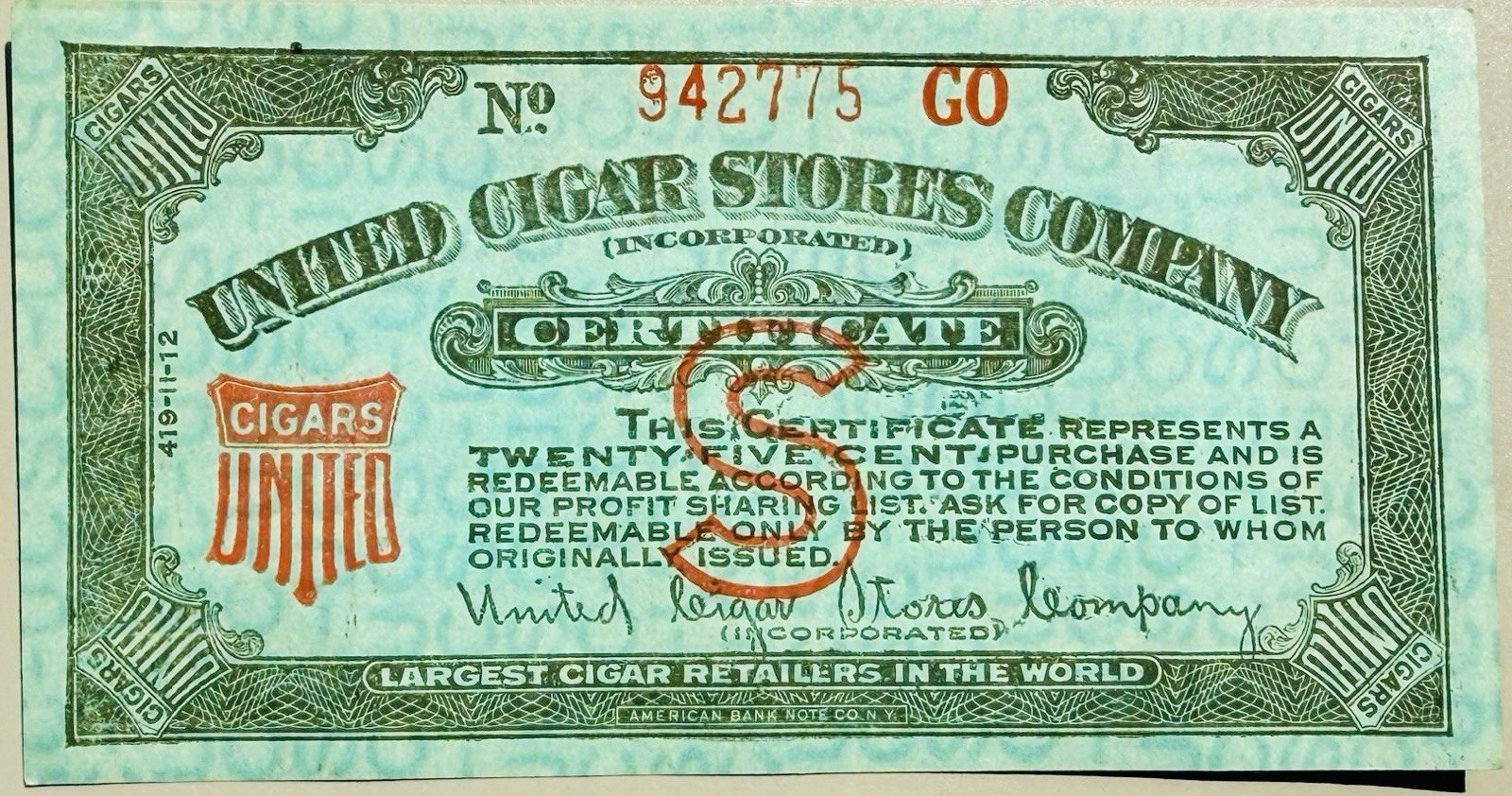 1904 United Cigar Stores Company of America 25c Certificate