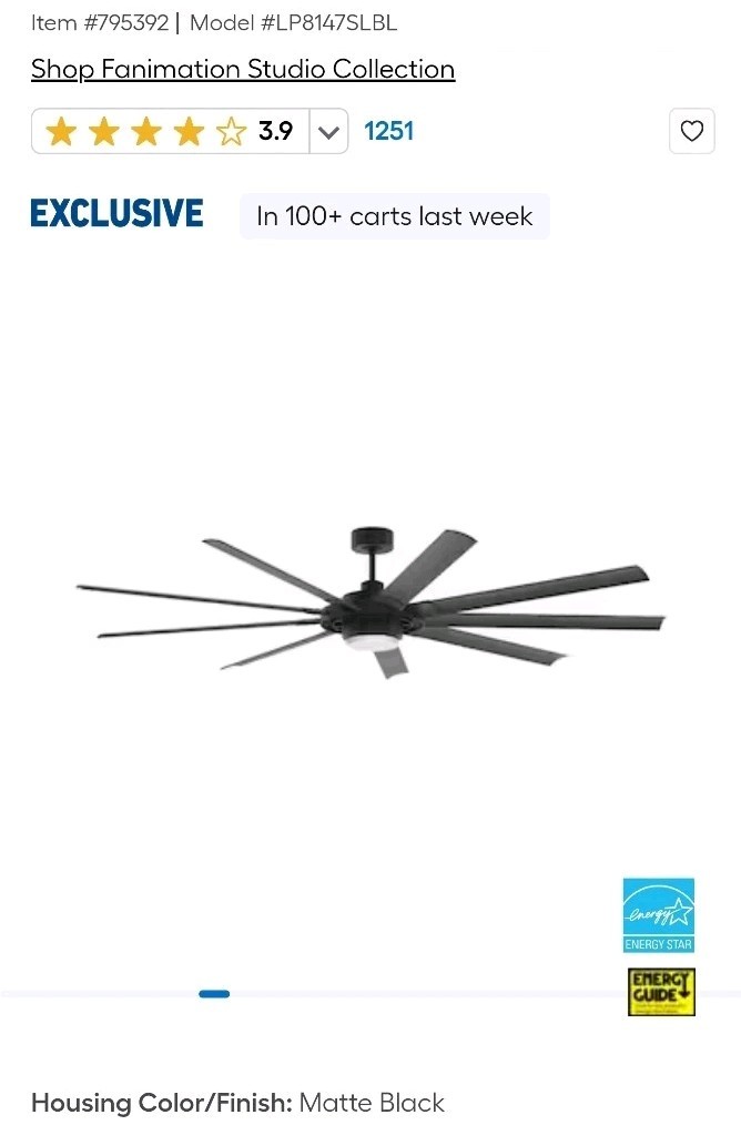 Fanimation Slinger v2 72-in Ceiling Fan with LED Light and Remote Control -Black