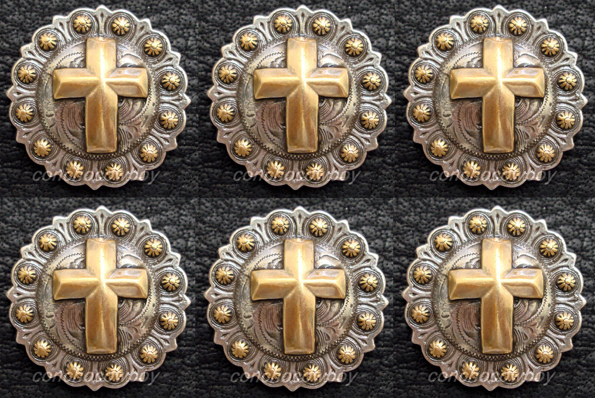 Set of 6 WESTERN HORSE TACK ANTIQUE GOLD CROSS BERRY CONCHOS 1-1/2" screw back