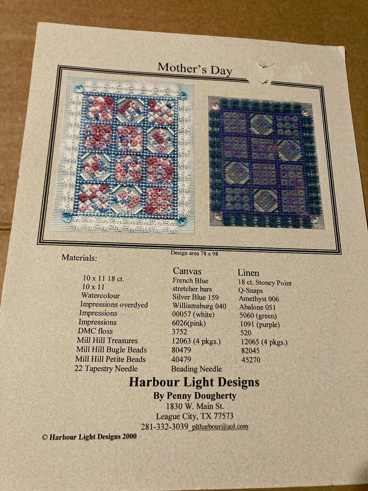 NEW HARBOUR LIGHT DESIGNS "MOTHER'S DAY" EMBROIDERY LEAFLET 2000