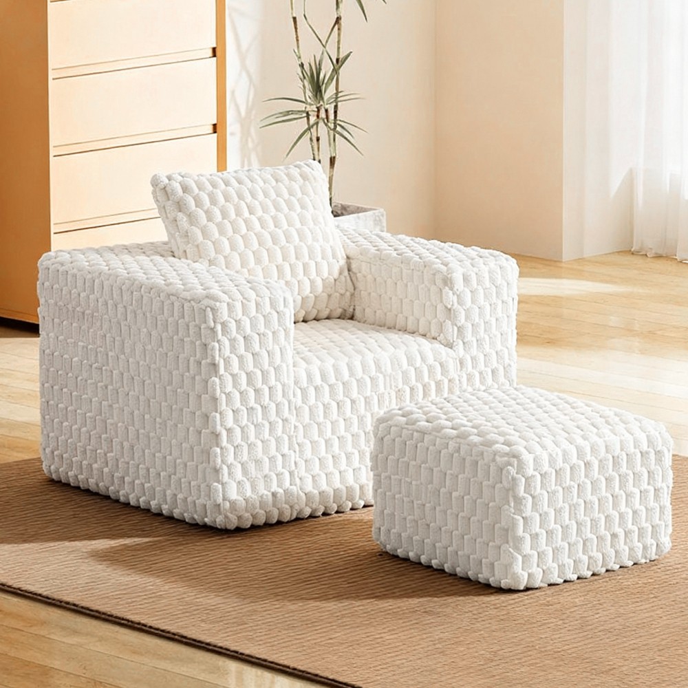 Corduroy Lounge Chair with Ottoman, High Back Sofa, Pillow, No Assembly