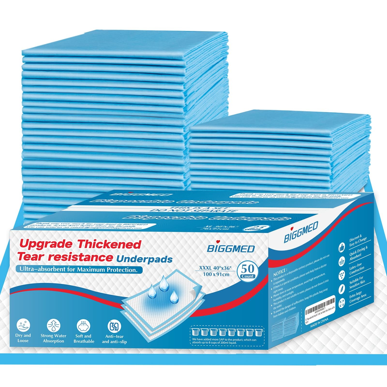 Tear-Resistant Incontinence Bed Pads 40'' x 36'' (50 Count ) with 130 Gram He...