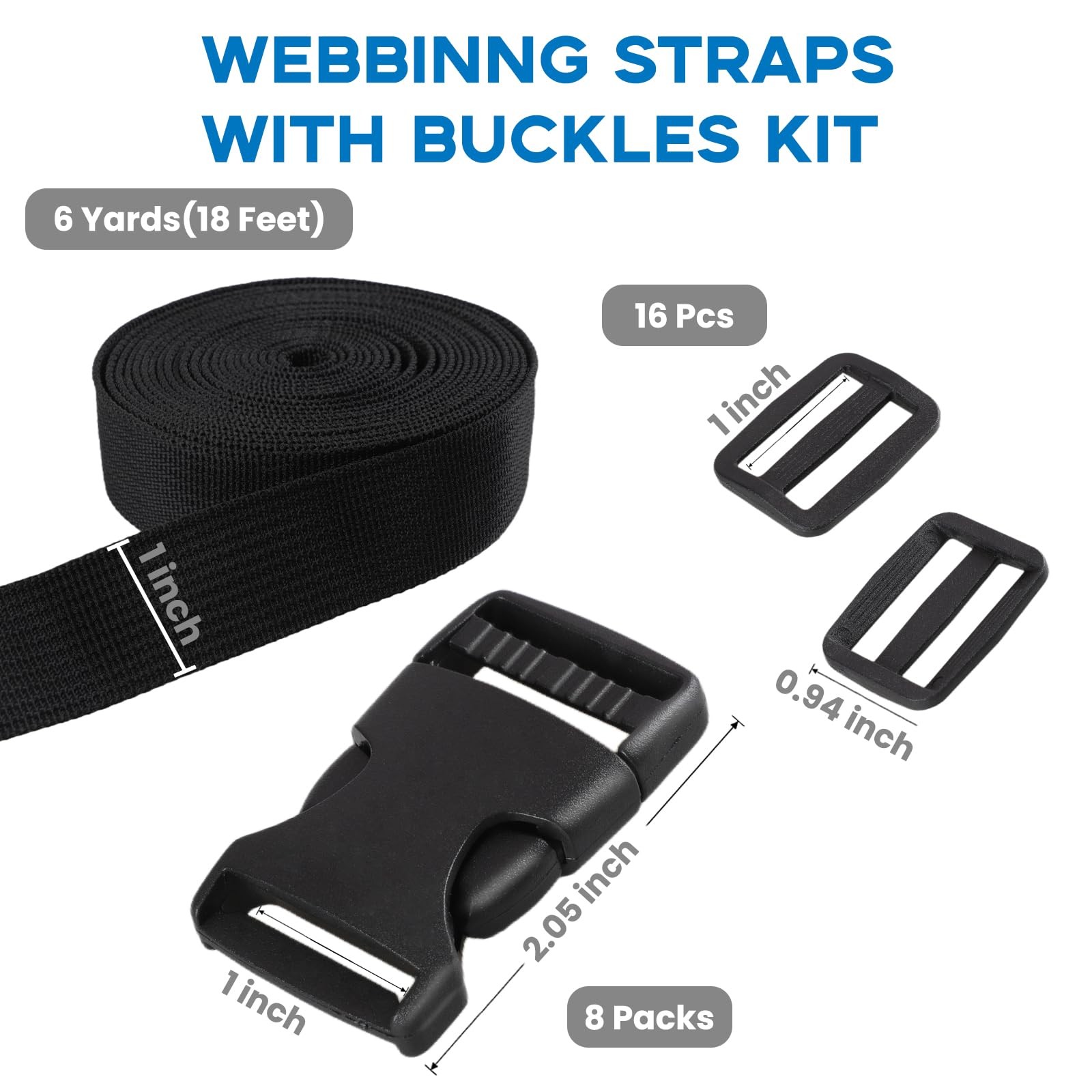 Strap and Buckles kit 18 ft Nylon Webbing 1 inch wide, 8 Pack Quick Release ...
