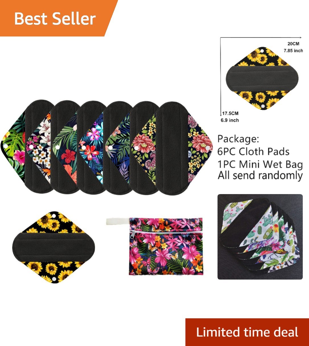 Comfortable 7-Piece Menstrual Pads Set - 6 Bamboo Charcoal Liners & Wet Bag