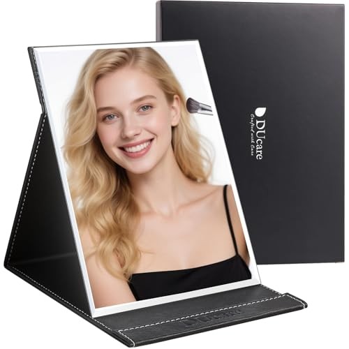 Folding Table Mirror 6x8 Inch - Portable Desk & Travel Mirror with PU Black