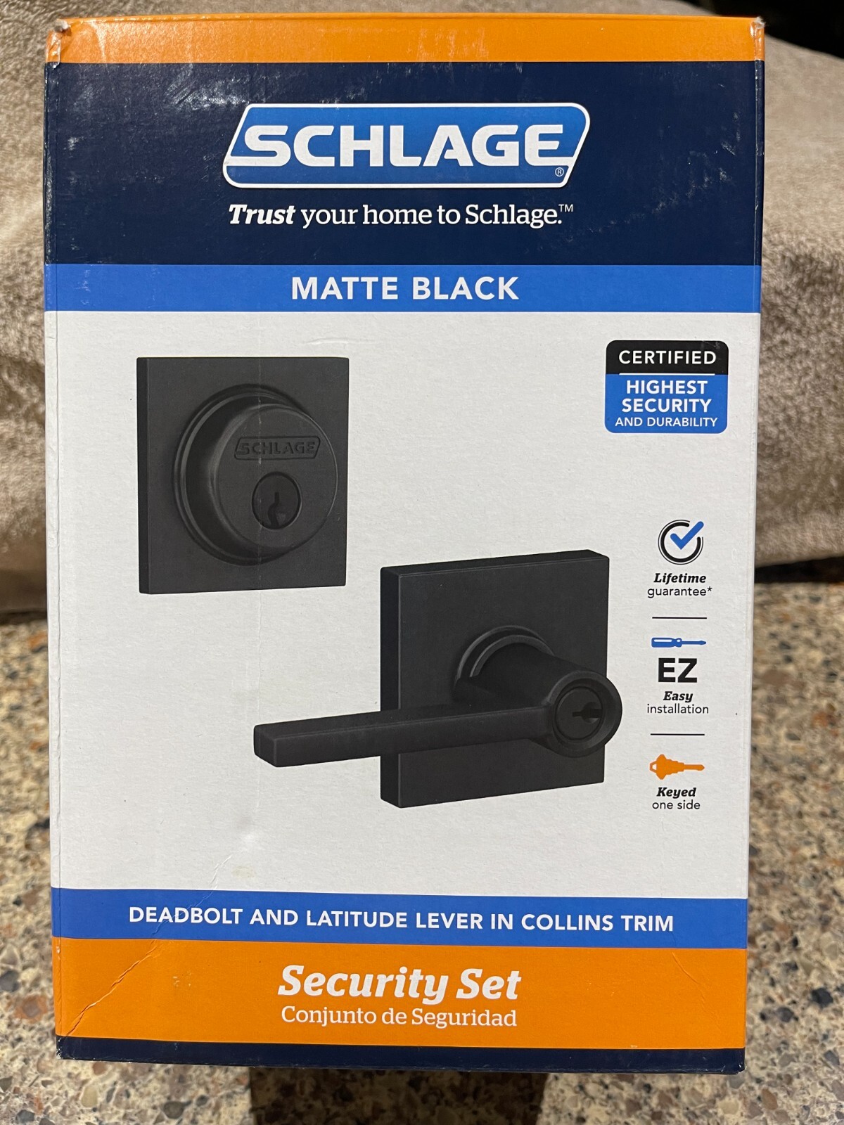 NEW! SCHLAGE Deadbolt & Latitude Lever in Collins Trim(Black)FB55N G LAT 622 COL