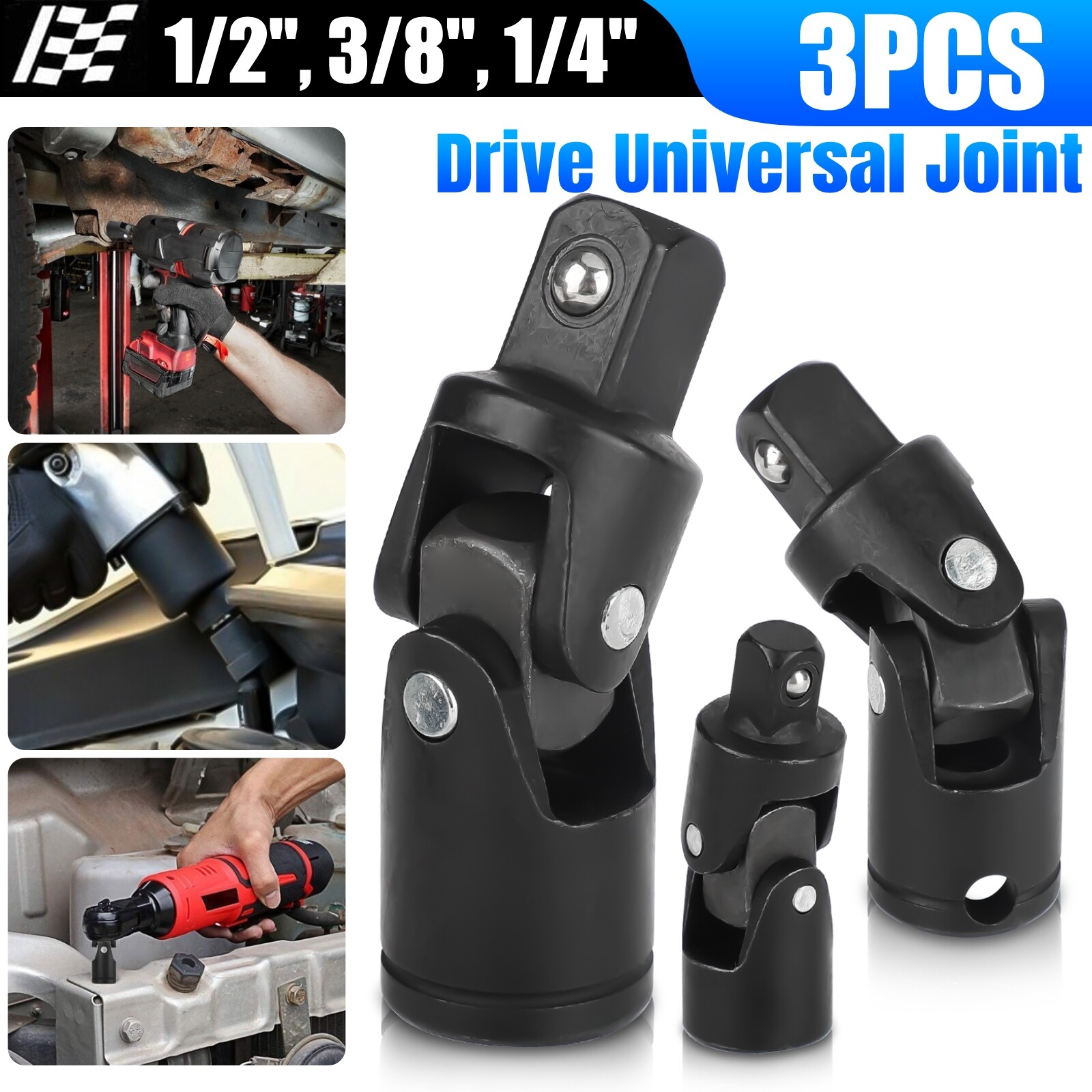 3Pcs 1/4" 3/8" 1/2" Drive Swivel Impact Universal Joint Sockets Adapter Tool Set
