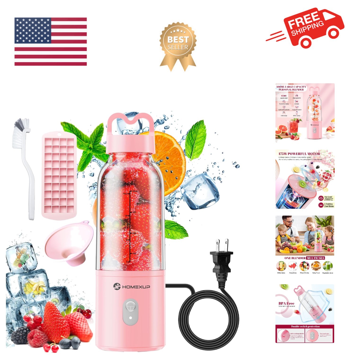 Portable Personal Blender 17 OZ/500 ML Juicer, 175W Personal Size Blender, Id...