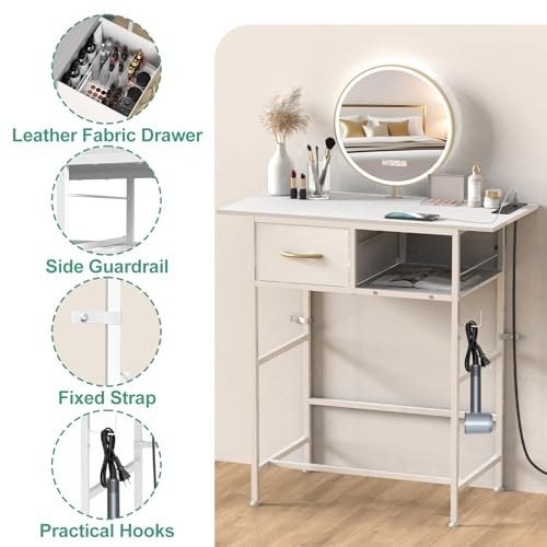 Compact Makeup Desk with Charging Station, Small Vanity Table & Drawer, White