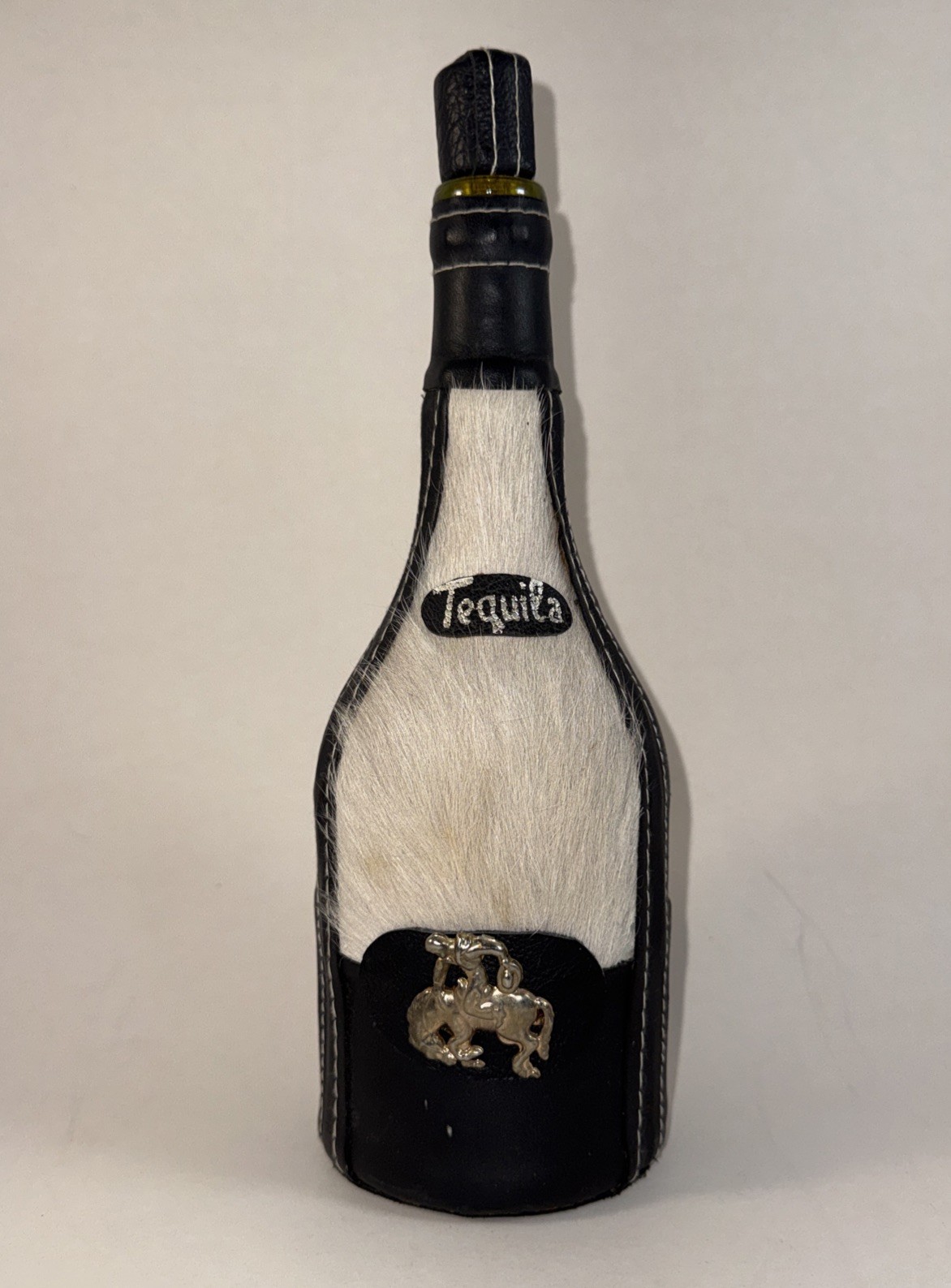 Vintage Leather & Cowhide Tequila Bottle with Cowboy Bucking Horse