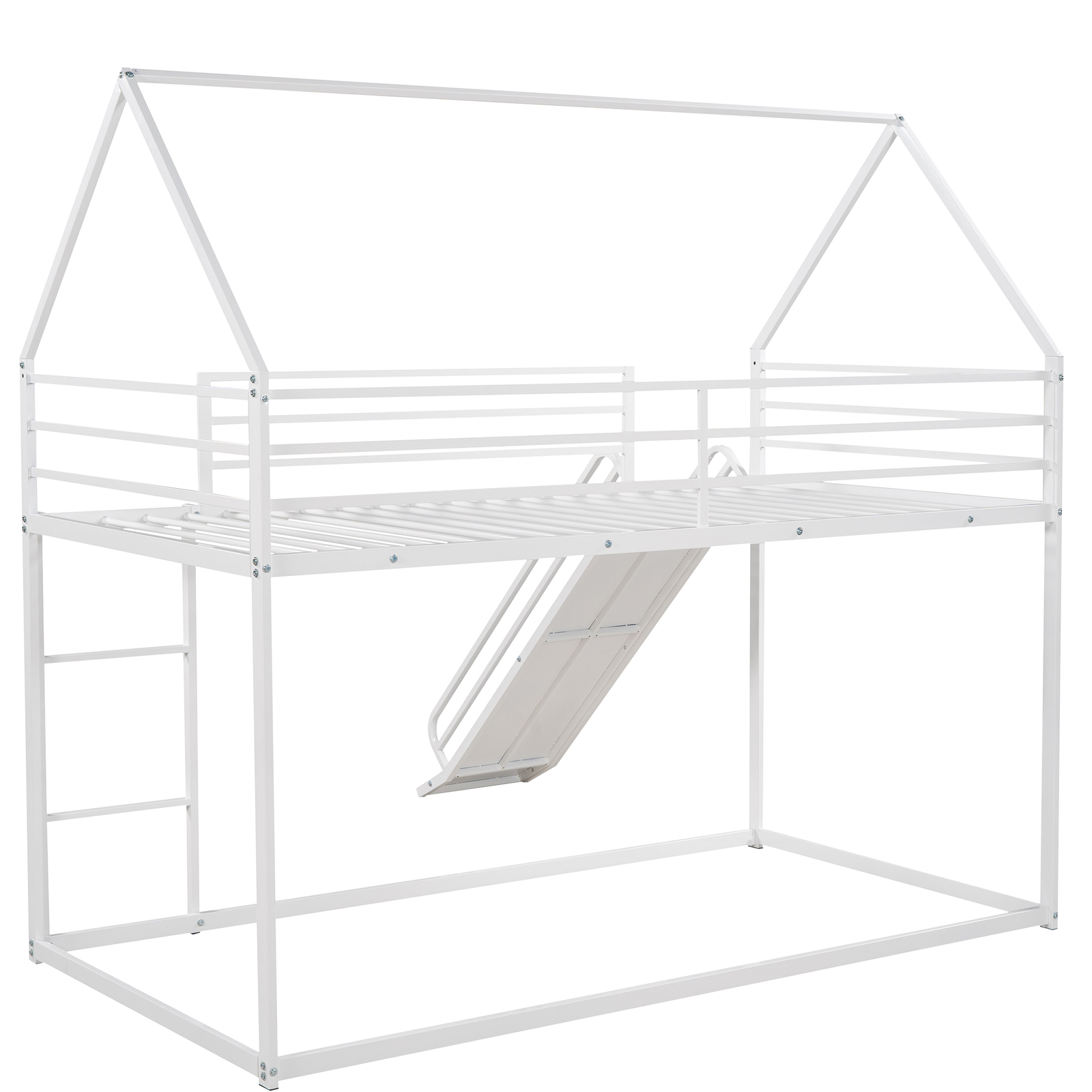 Twin over Twin Metal Bunk Bed W/ Slide /Ladder /Guardrail For Kids Teens White