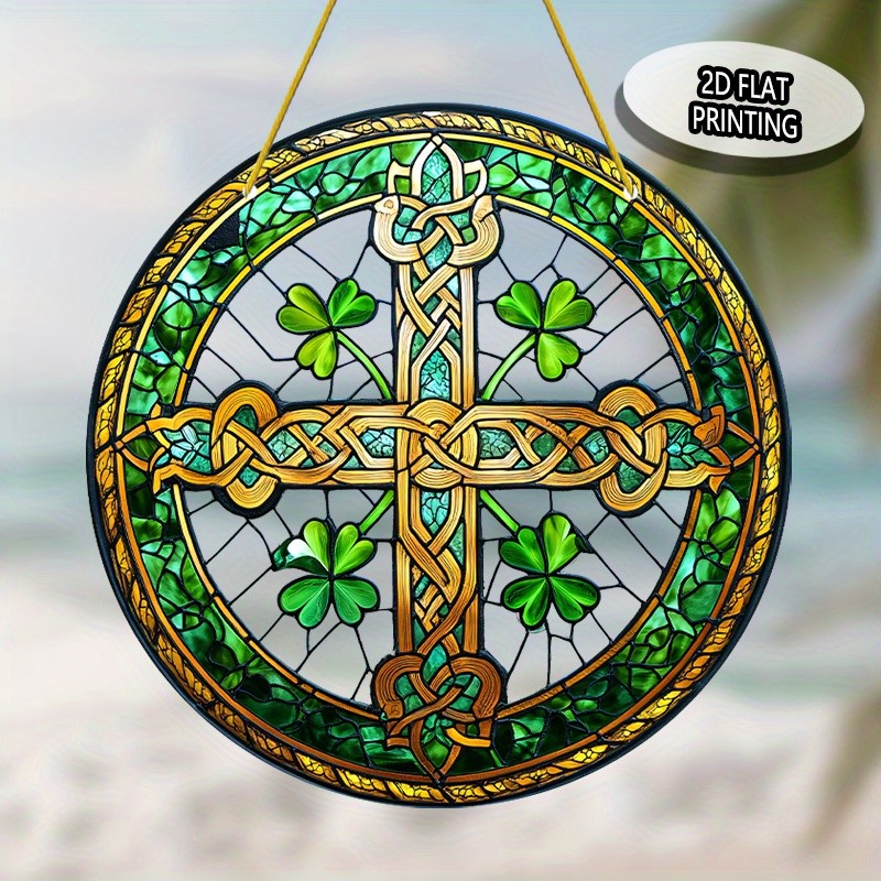 St Patricks Day Celtic Cross Acrylic Suncatcher Shamrock Pattern Round Decor