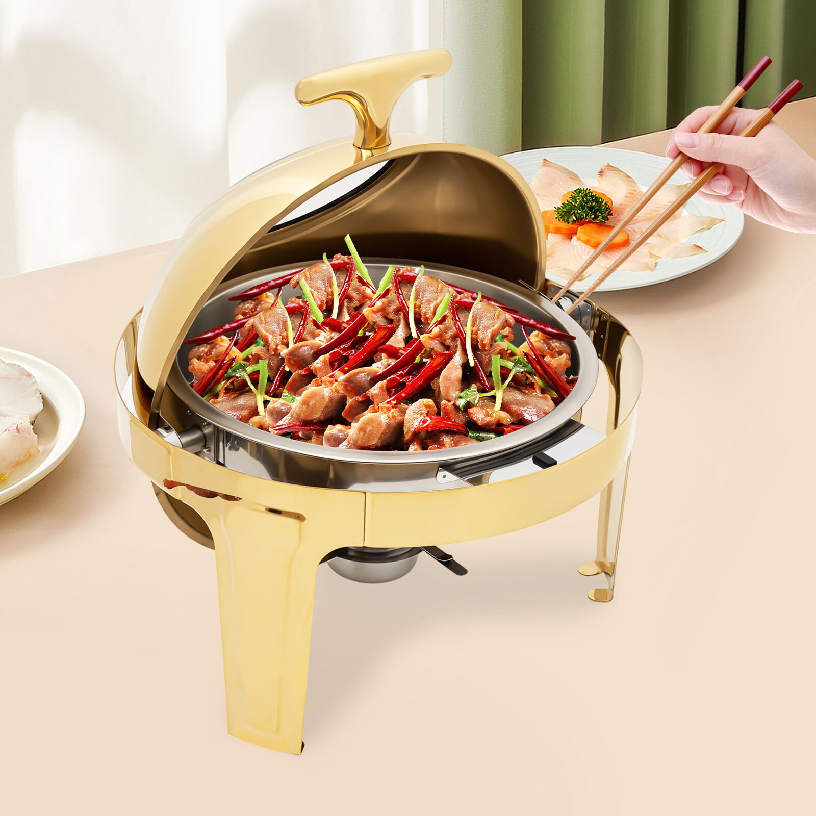 6 QT Round Chafing Dish Buffet Set with Thick Frame for Weddings Dinners Gold