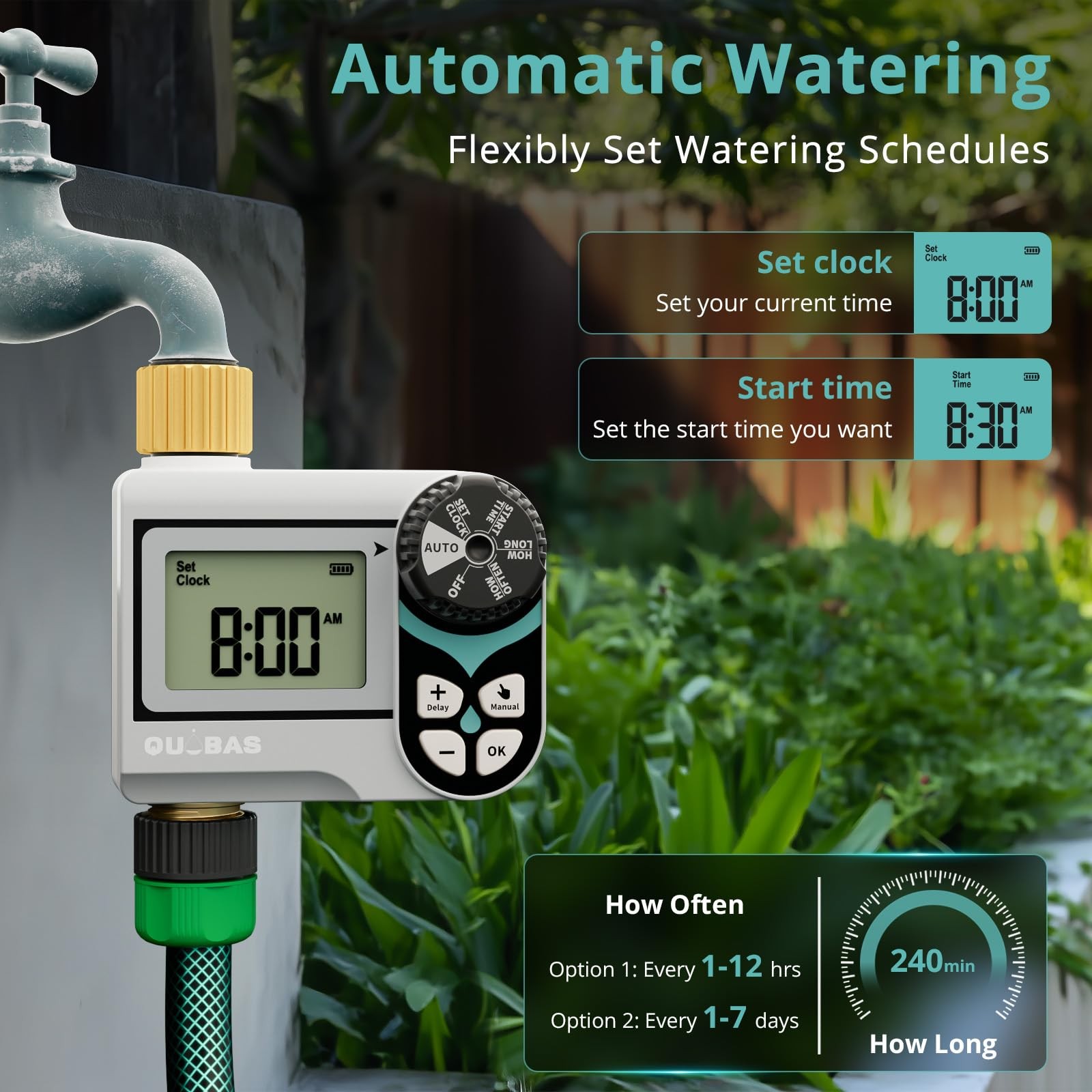 QUOBAS Zero Pressure Water Timer, Programmable Sprinkler Timer for Garden Hos...