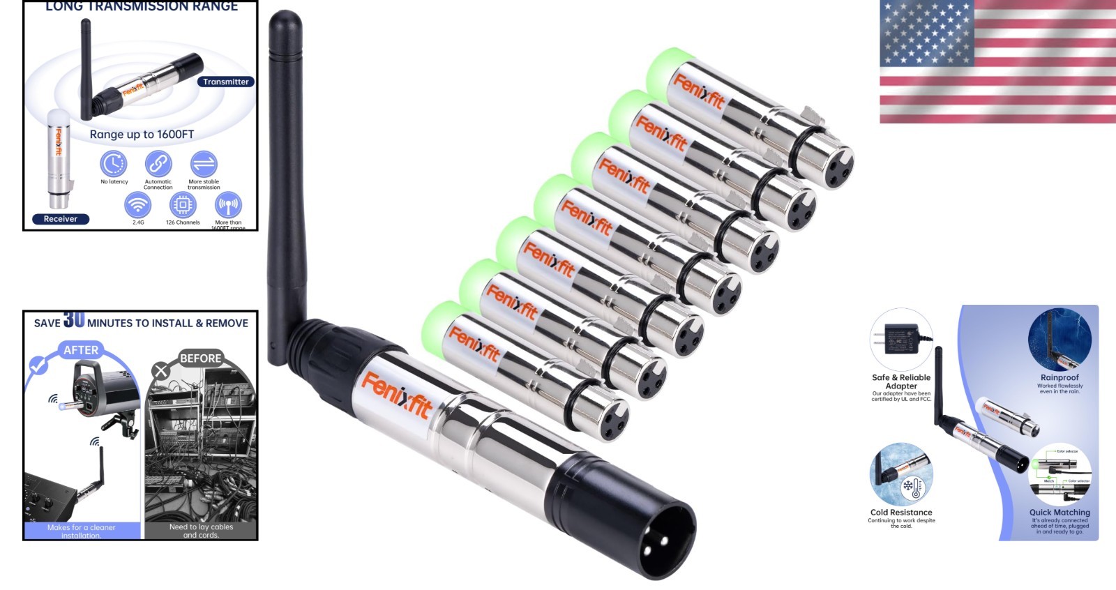 Reliable Weather-Resistant Wireless DMX Transmitter & 7 Receivers - DJ Essential