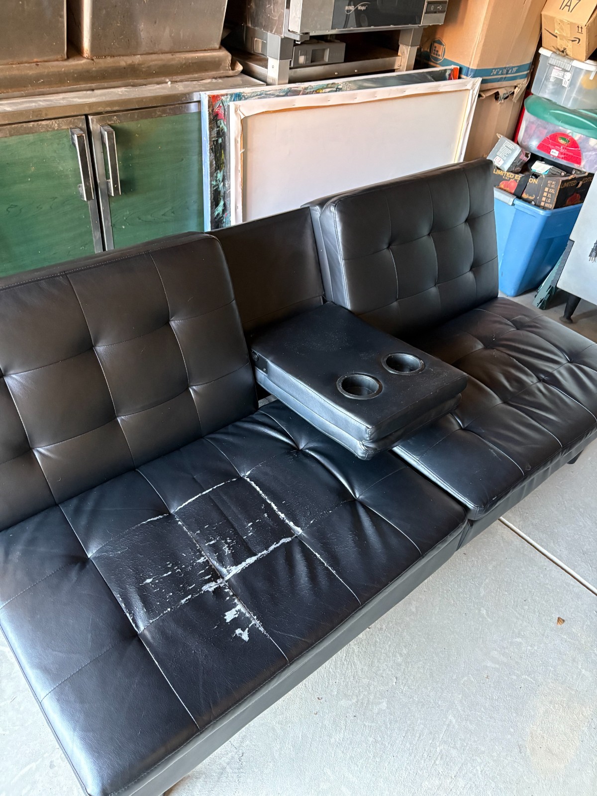 6 ft. Used Folding Studio Couch w/ 2 Drink Holders, Black