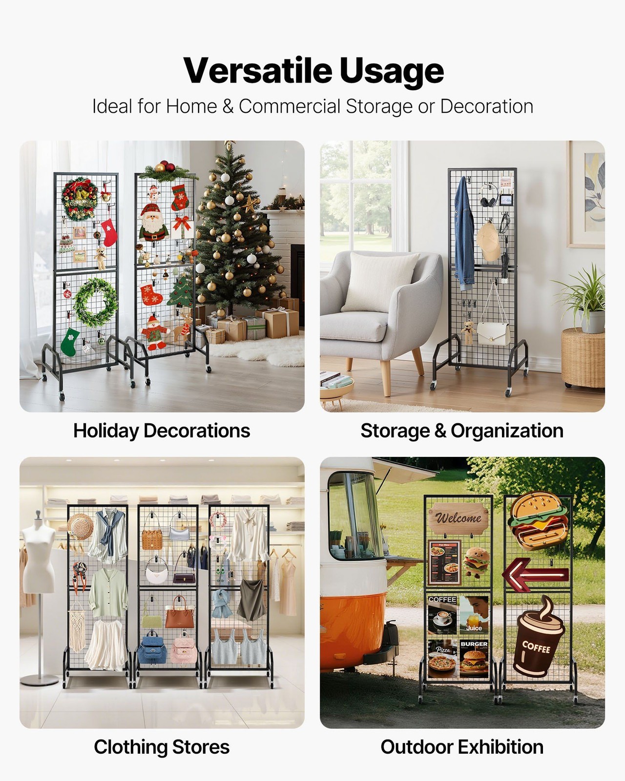 Movable Grid Wall Display Rack, 1.9x5.4ft, Steel, 30 Hooks, Locking Casters