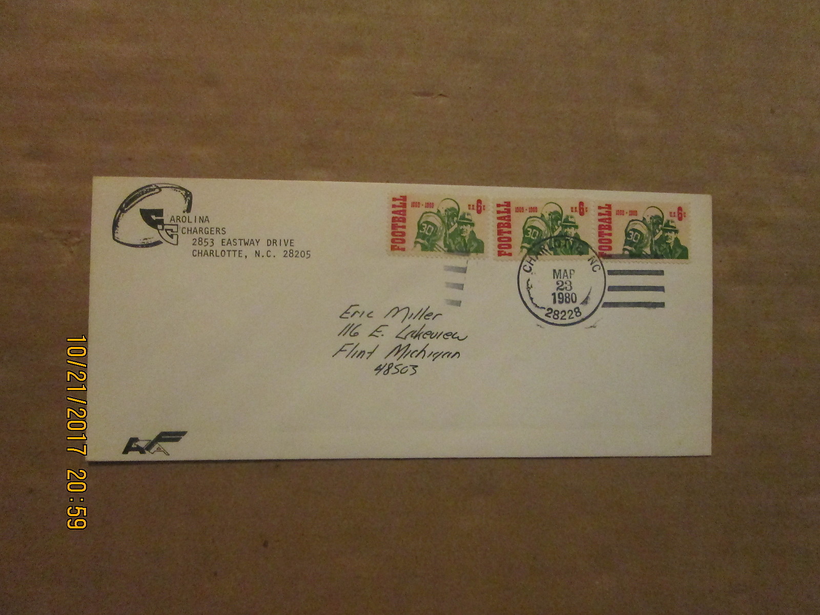 AFA Carolina Chargers Vintage Dated 1980 Team Logo Football Business Envelope