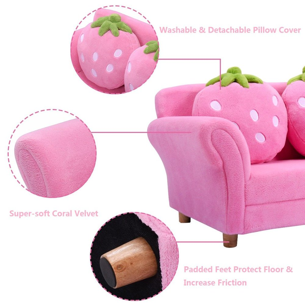 Kids Sofa Strawberry Armrest Chair Lounge Couch W/2 Pillow Children Toddler Pink