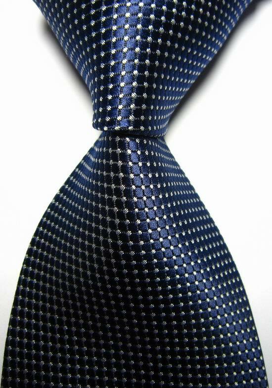 Hot! Classic Checks Dark Blue White JACQUARD WOVEN 100% Silk Men's Tie Necktie