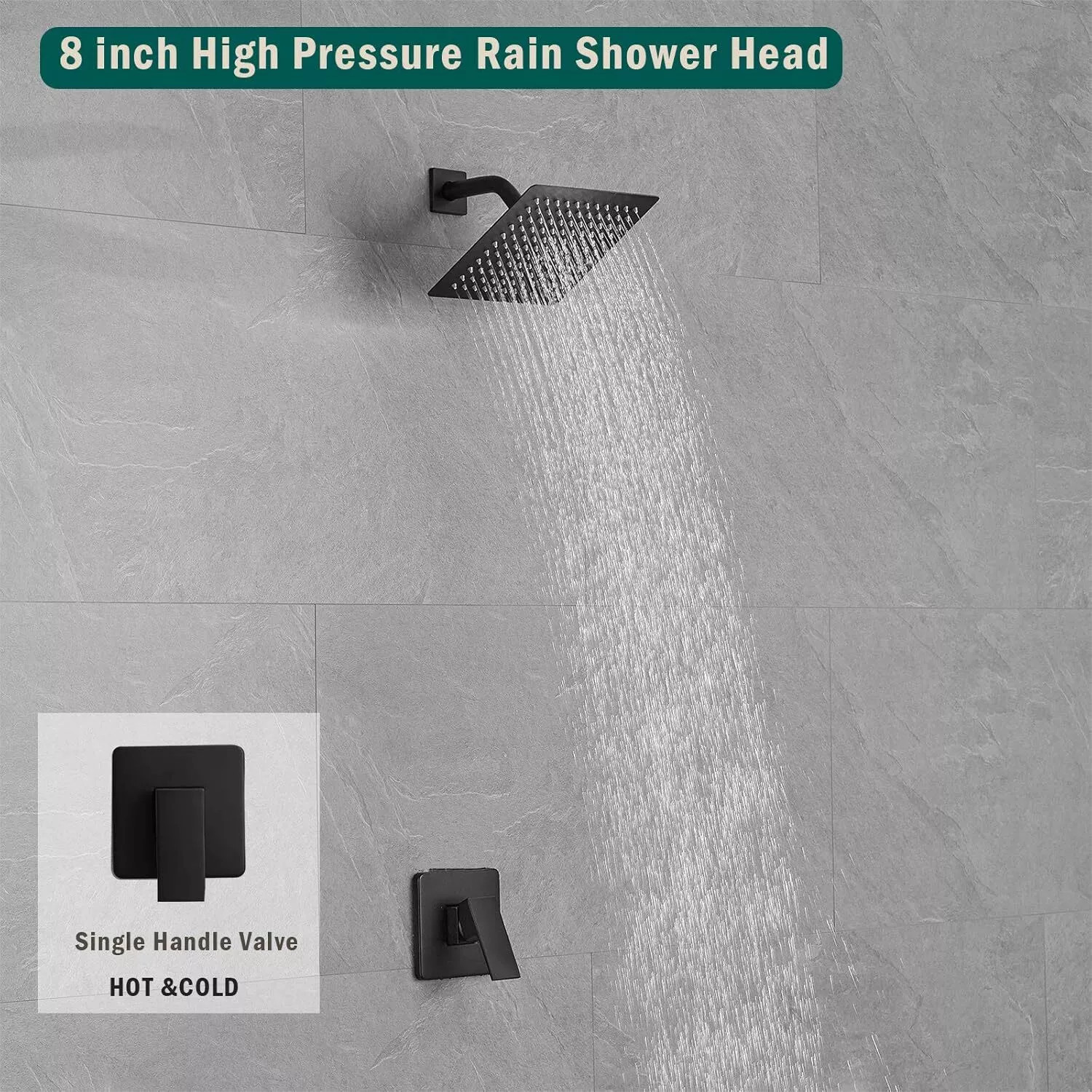 Black Shower Faucet Set 8"Rainfall Shower Head Combo System with Mixer Valve Kit