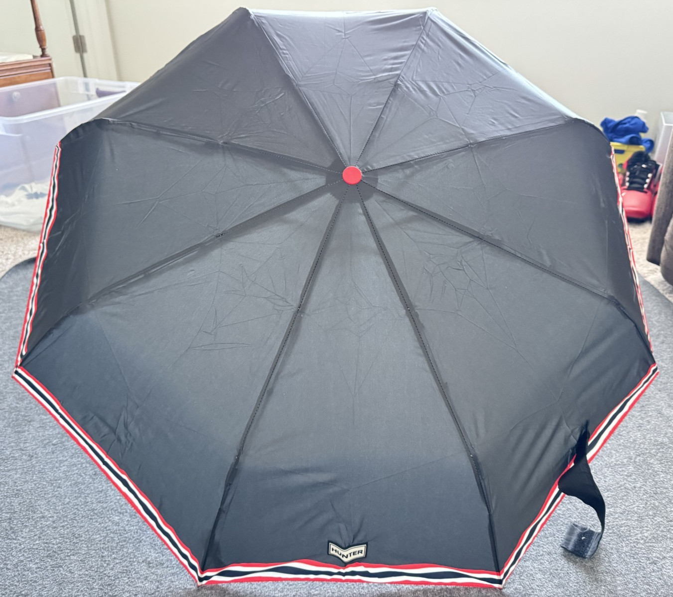 NWT Hunter Original Mini Compact Umbrella Black Red White Stripe 36" Canopy New