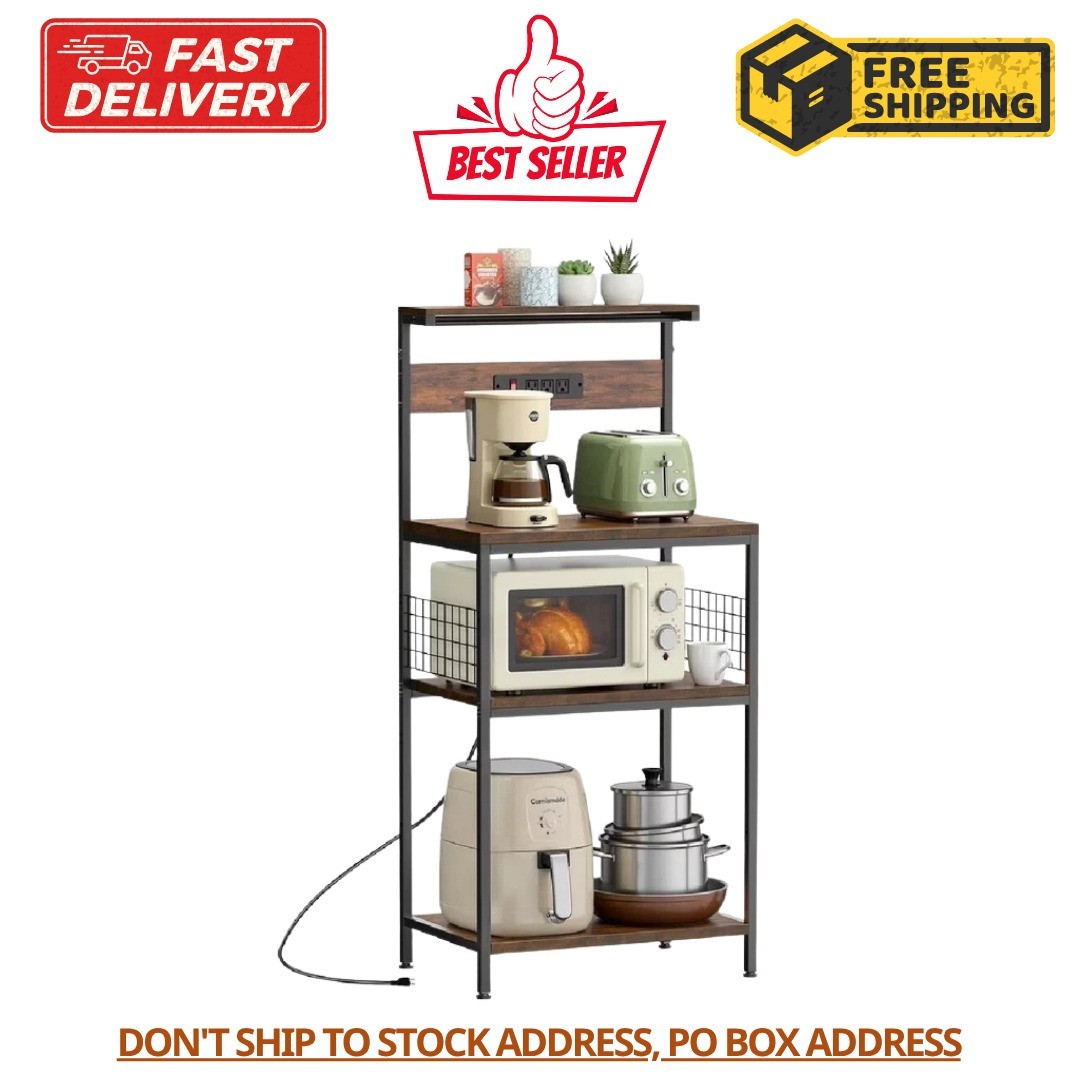 GIANNA Baker’s Rack with Power Outlet, 4-Tier Kitchen Coffee Bar and Microwave S